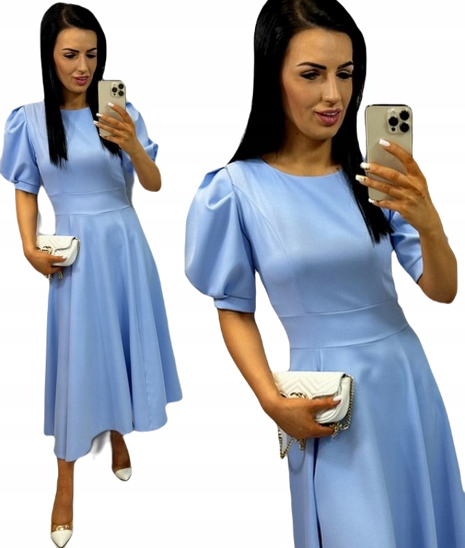 Dámské šaty na křtinové přijímání Svatební Hostina Elegantní Midi šaty s bufkou Světle Modrá L