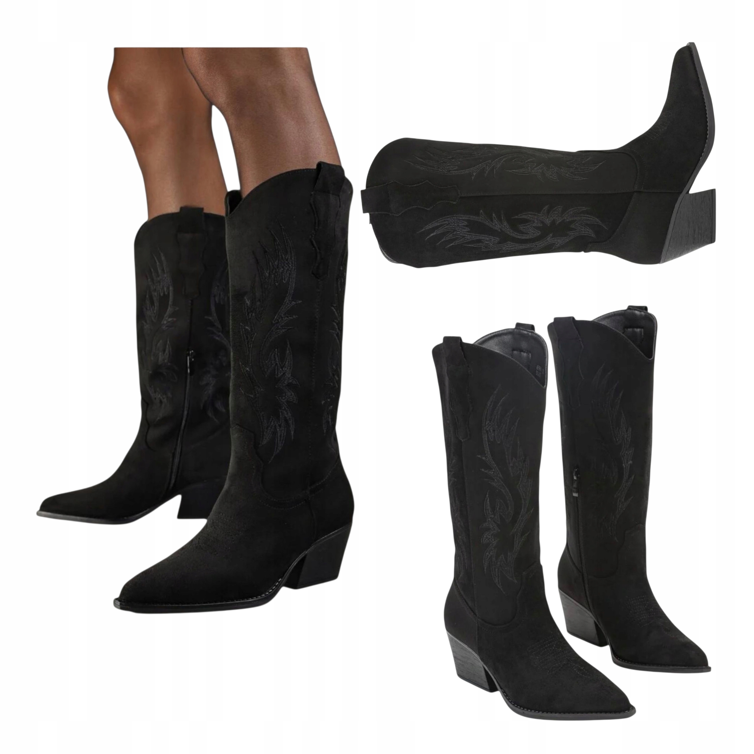 Dámské semišové kozačky vysoké Kovbojské Boty na podpatku kožené s výšivkou černé 39