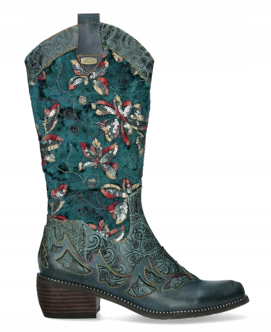 Vysoké Kovbojské Boty Kožené Kotníkové Boty S Květinami Pro Ženy Na Podpatku Laura Vita 38