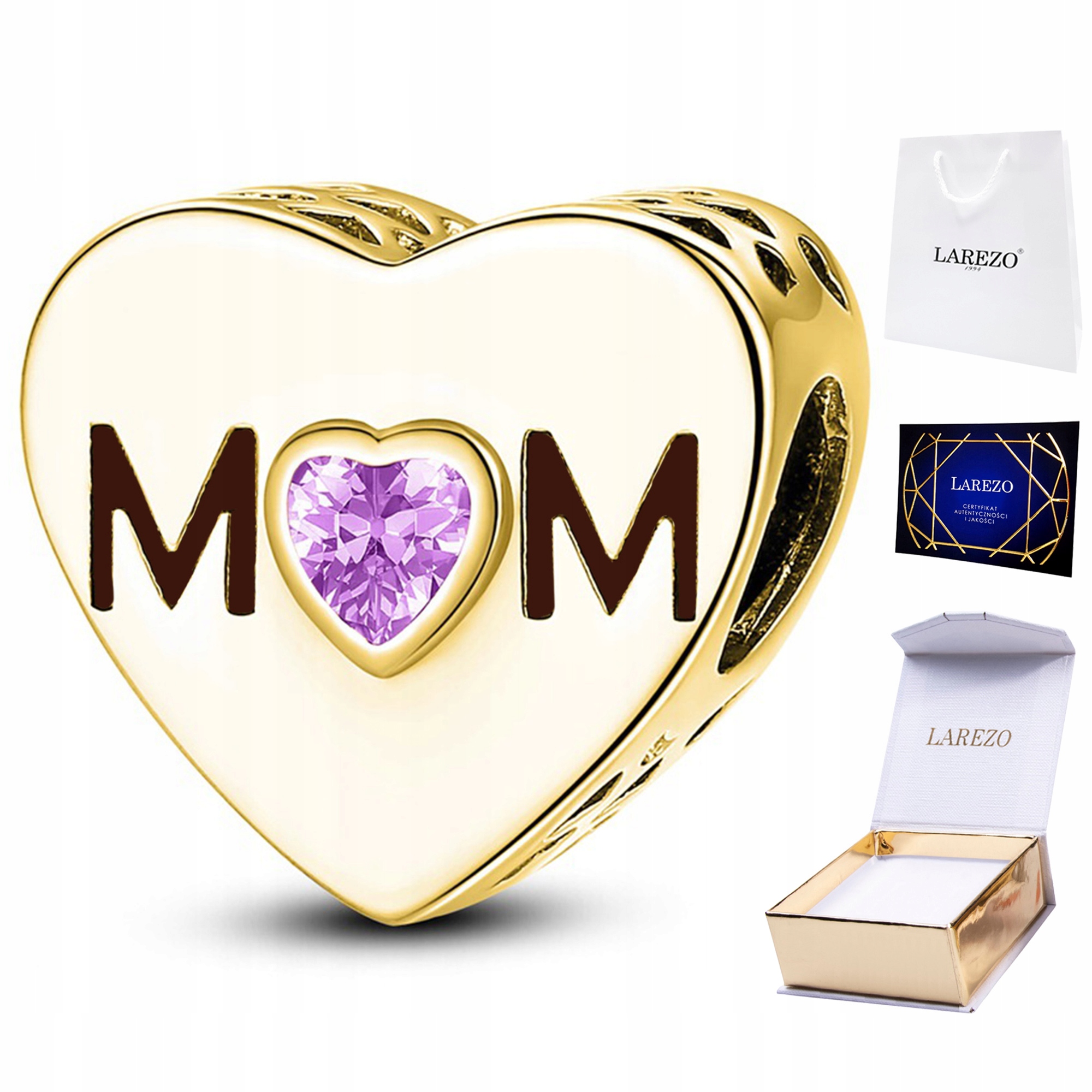 Zlatý Charms pro maminku Růžová Zirkon Mom Mother Srdíčko Love Stříbro 925