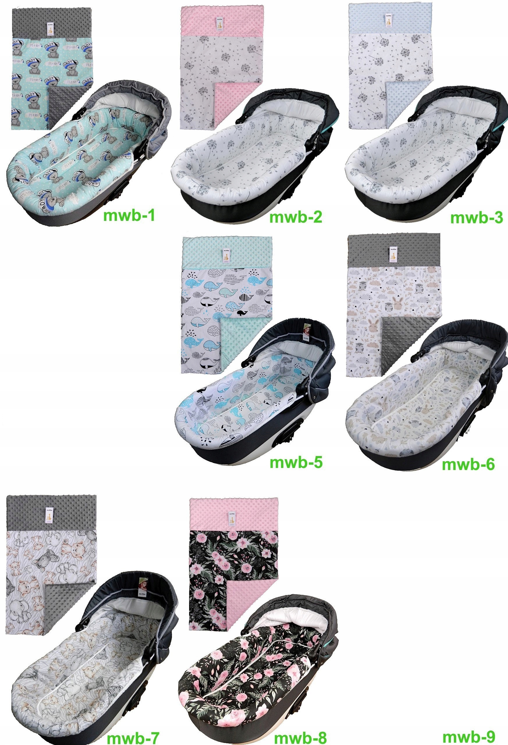 CIEPLUTKA KOŁDERKA do gondoli + otulacz + materac Wzór dominujący mix wzorów