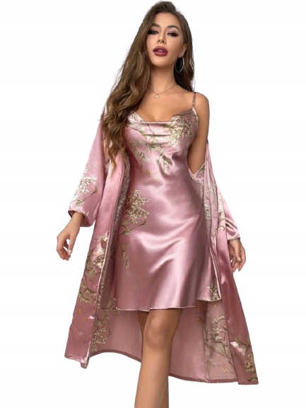 Elegantní Růžový Komplet Saténový Župan Saténová Košile