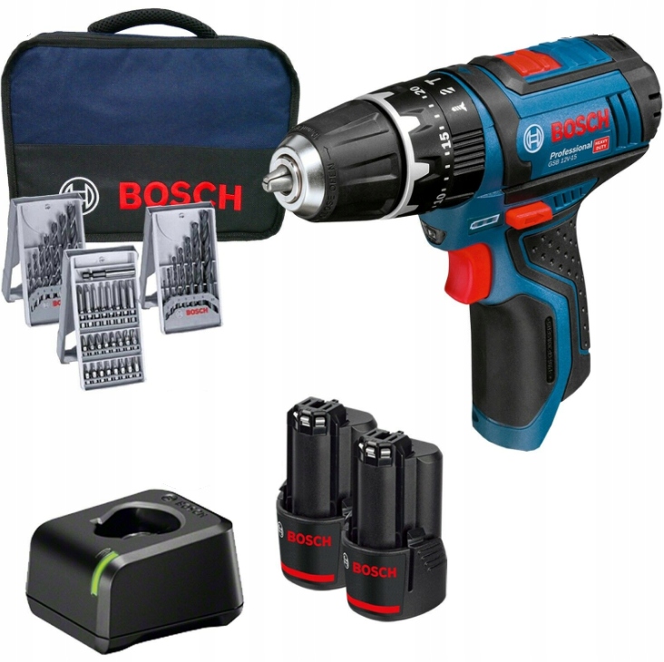 Bosch GSB 12V-15 Wkrętarka 2x 2,0Ah 39 bitów torba