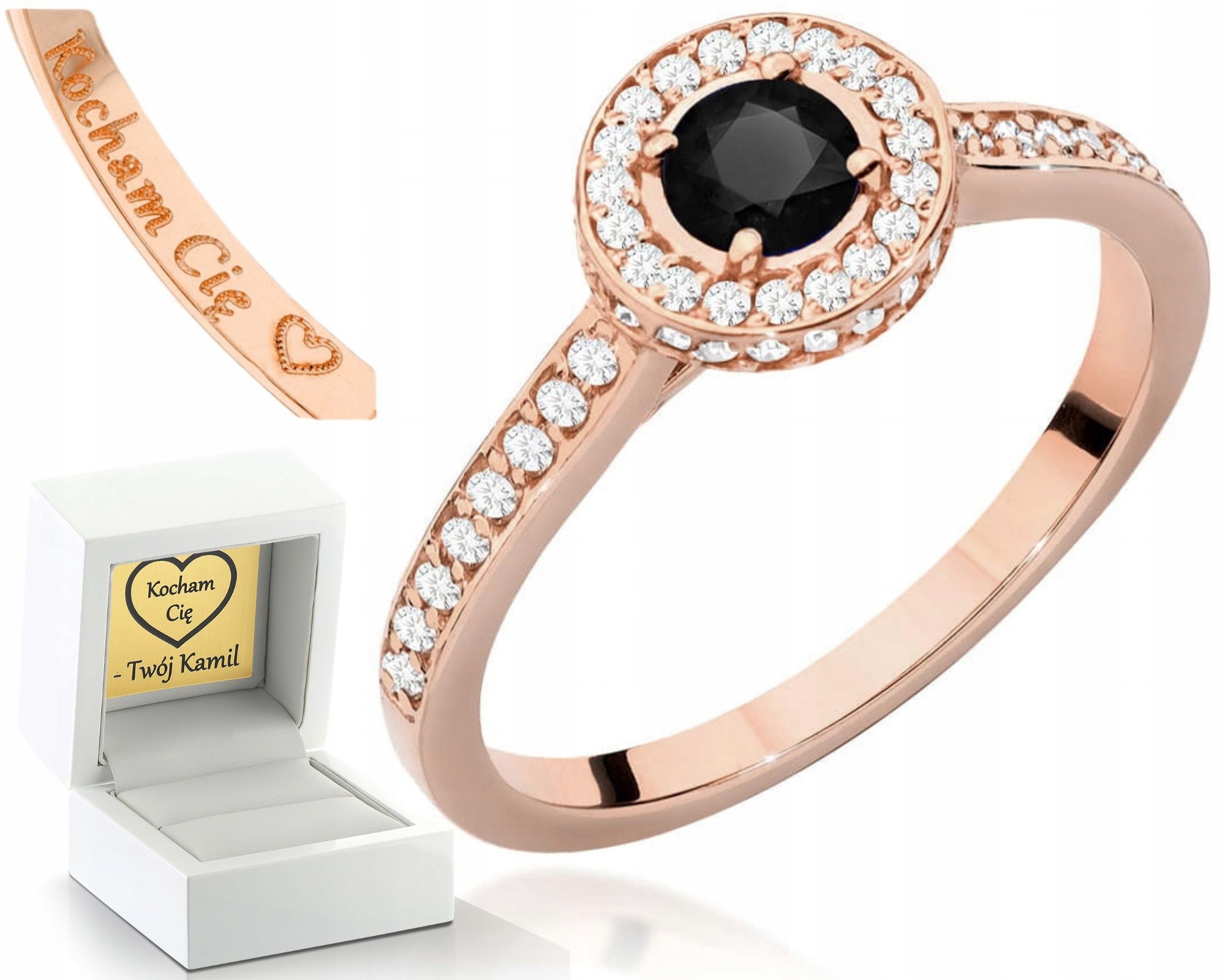 Prstýnek Černý Briliant S Diamanty Růžové Zlato Gravírování 585 Dárek