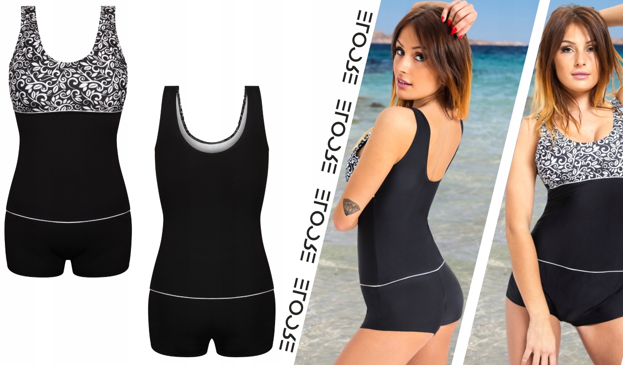 Kostium kąpielowy jednoczęściowy damski M 38 czarny strój z nogawkami basen Wzór dominujący kwiaty