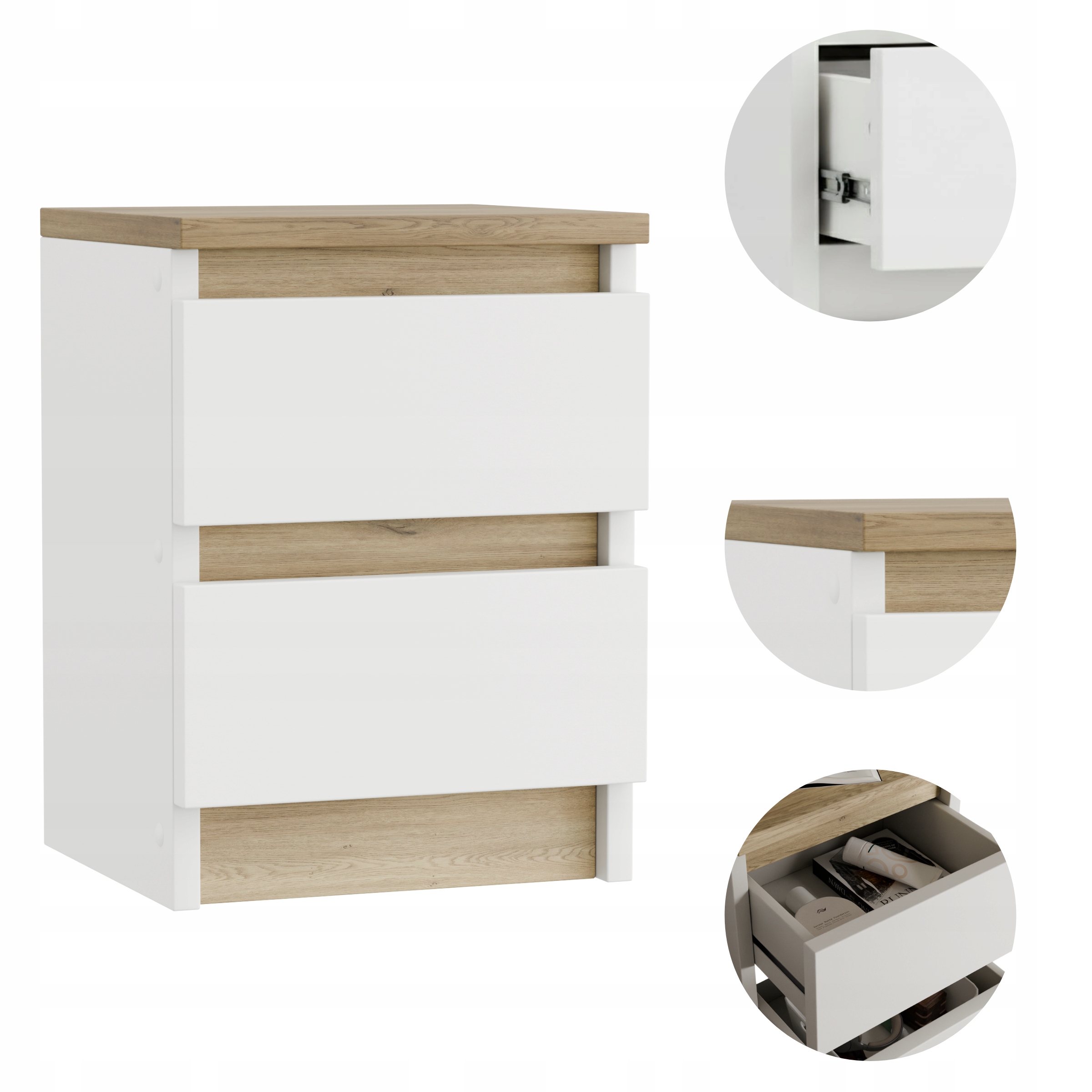 Szafka Nocna 30x28cm 2 Szuflady Stolik Nocny Biały Odcień Dębu Łatwy Montaż