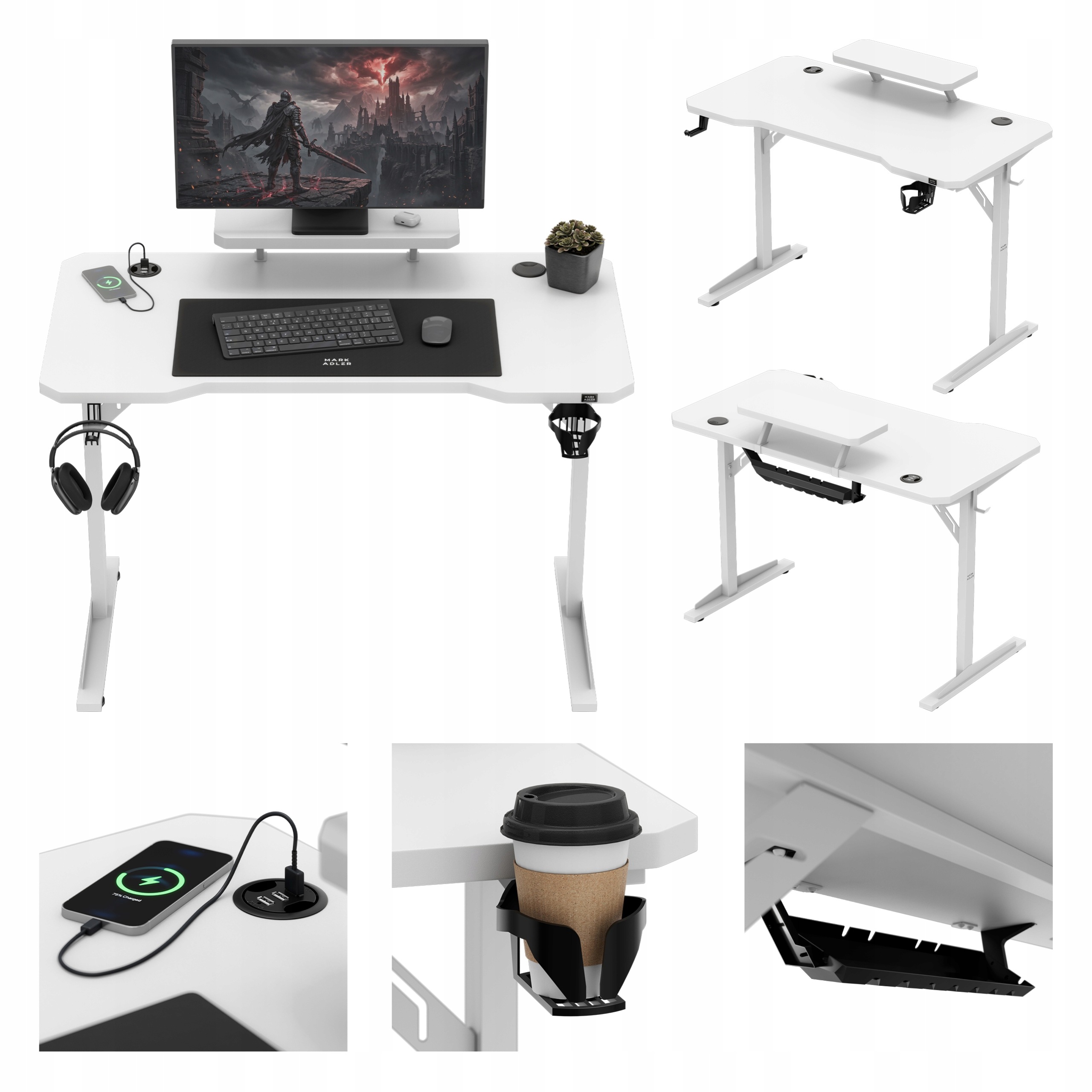 Herní stůl s nástavcem Mark Adler Bílý 3xUSB 2.0 Hub malý 115x60 cm