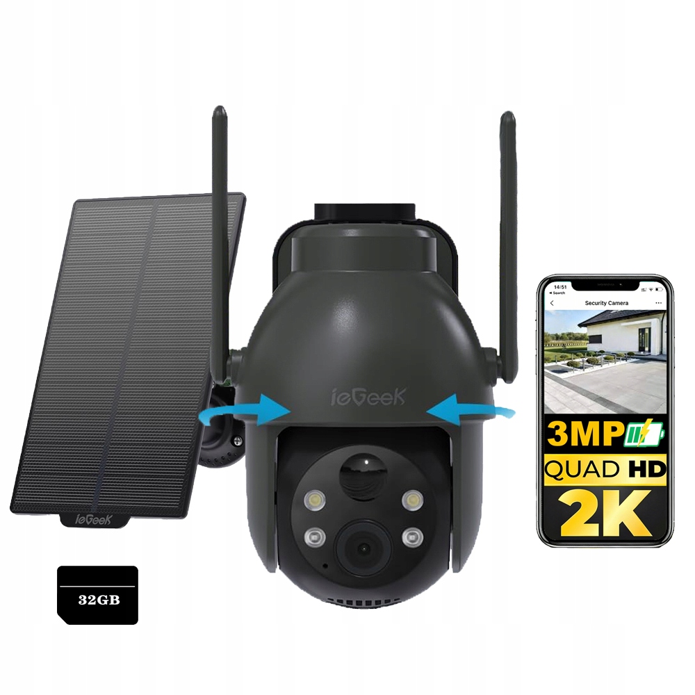 Solární otočná kamera 3MP 2K Venkovní monitorovací kamera s kartou 32 Gb