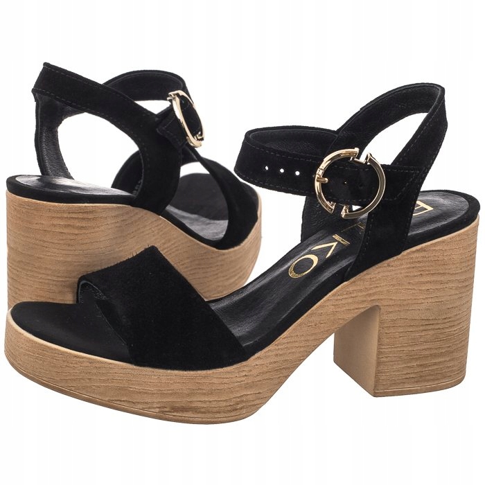 Boty Sandály na podpatku Kožené Dámské Ryłko Černé 6TF96