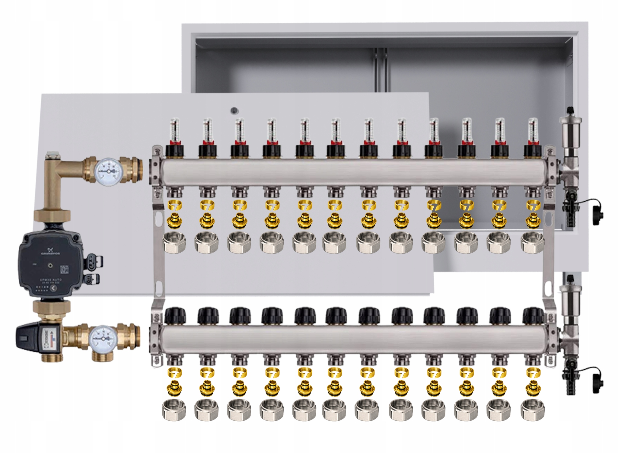 Nerezový rozdeľovač na podlahu 12 boxov Čerpadlo Grundfos Pex