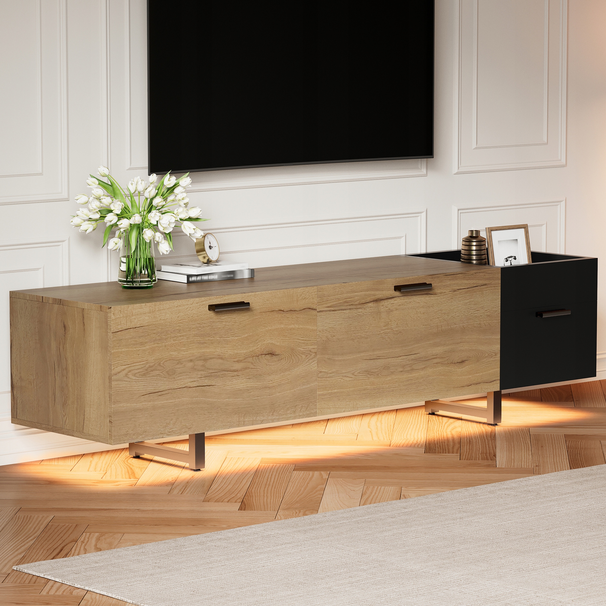 Szafka RTV 180cm Nowoczesna Drewno Naturalne Czarna