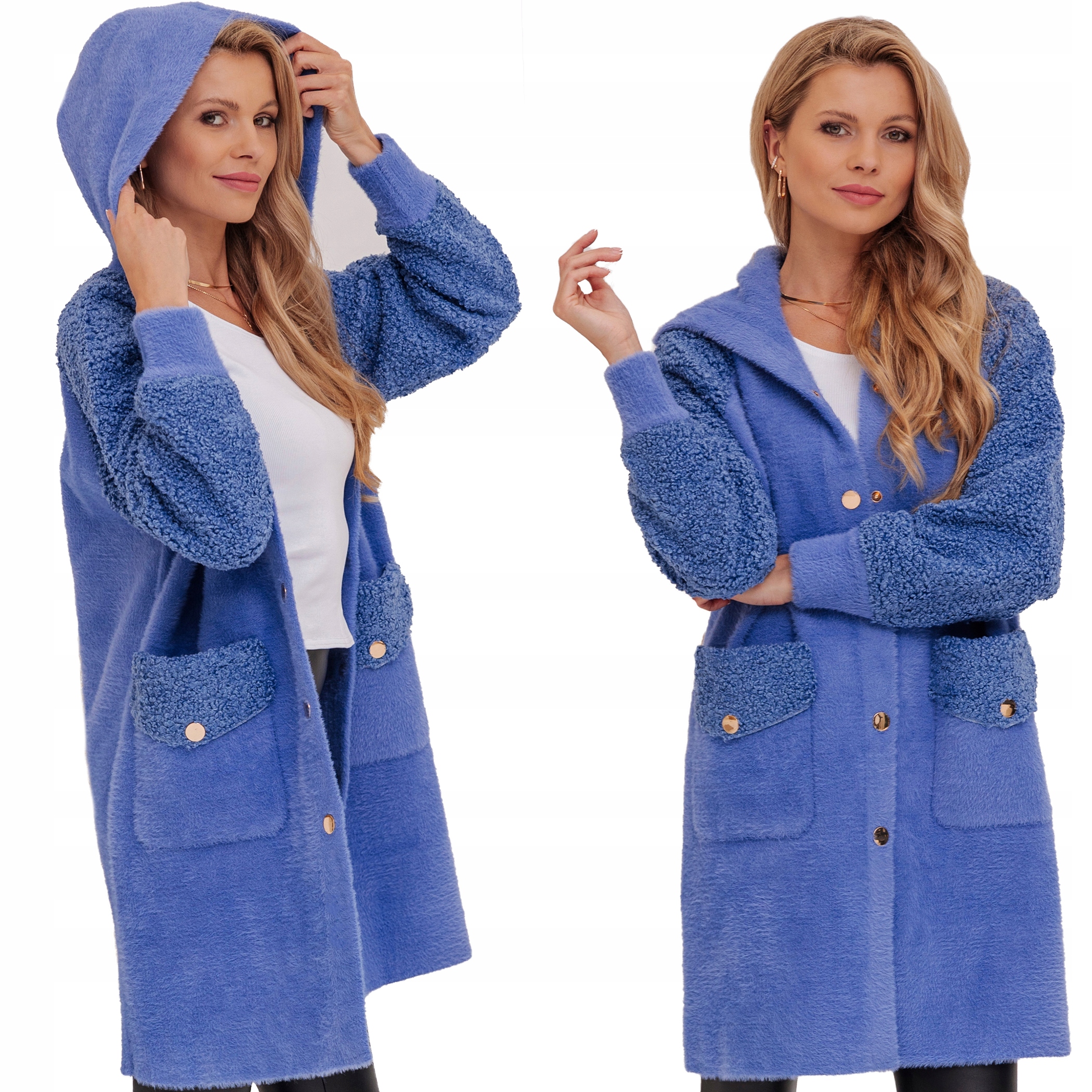 Teplá Alpaka S Beránkem, Kabát S Vlnou, Měkký, Přechodový Modrý