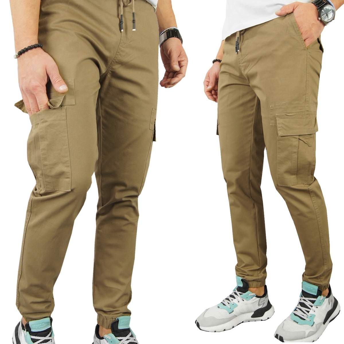 Męskie Spodnie Bojówki z 6 Kieszeniami Joggery rozciągliwe Pas na Gumce M