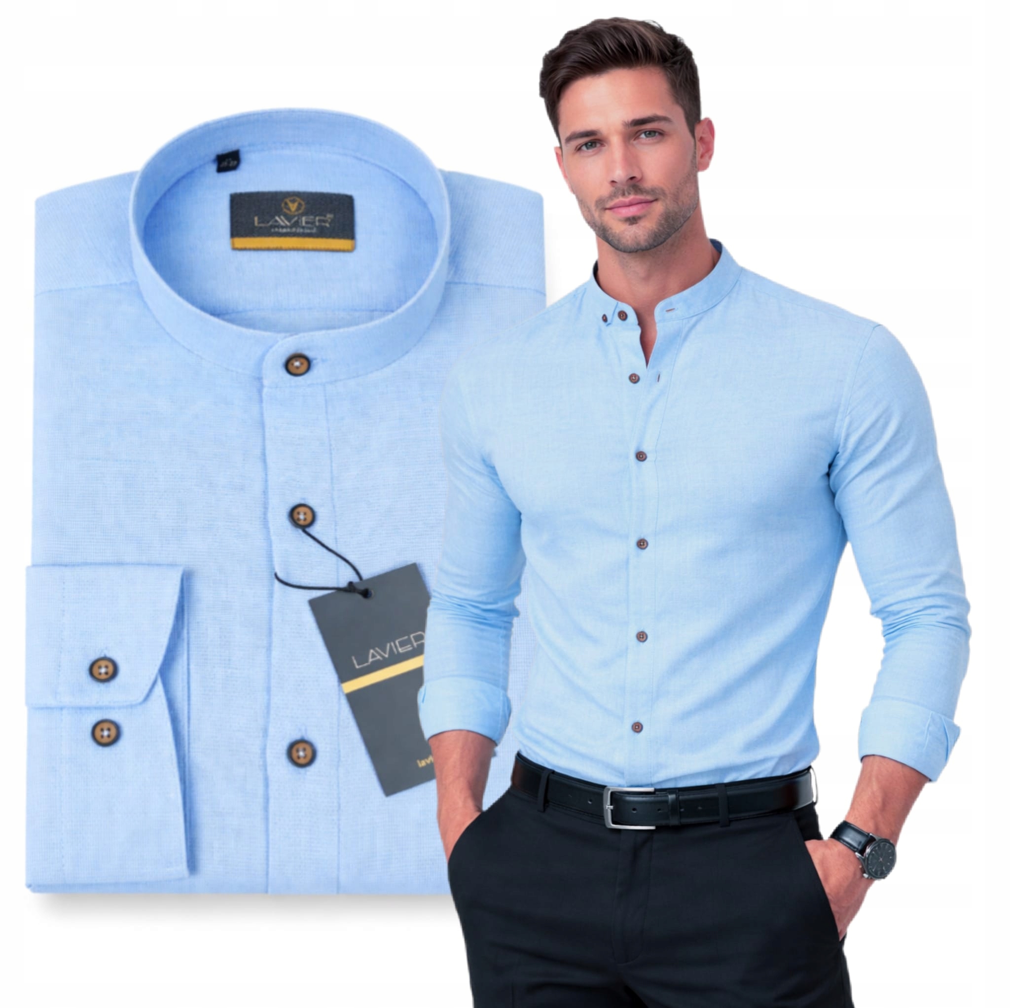 Pánská košile se stojáčkem Lavier 100% Bavlna – prodyšná Slim Modrá XL