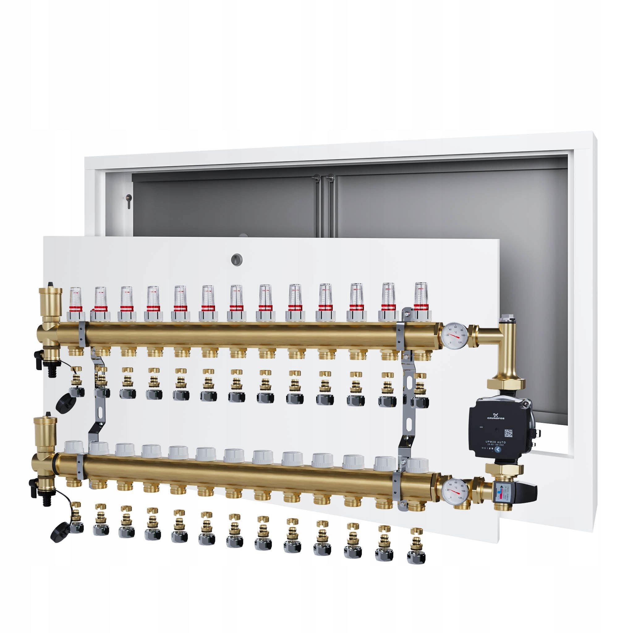 Rozdělovač pro podlahu 14 sekcí s čerpadlem GRUNDFOS+nástěnná skříňka+PEX