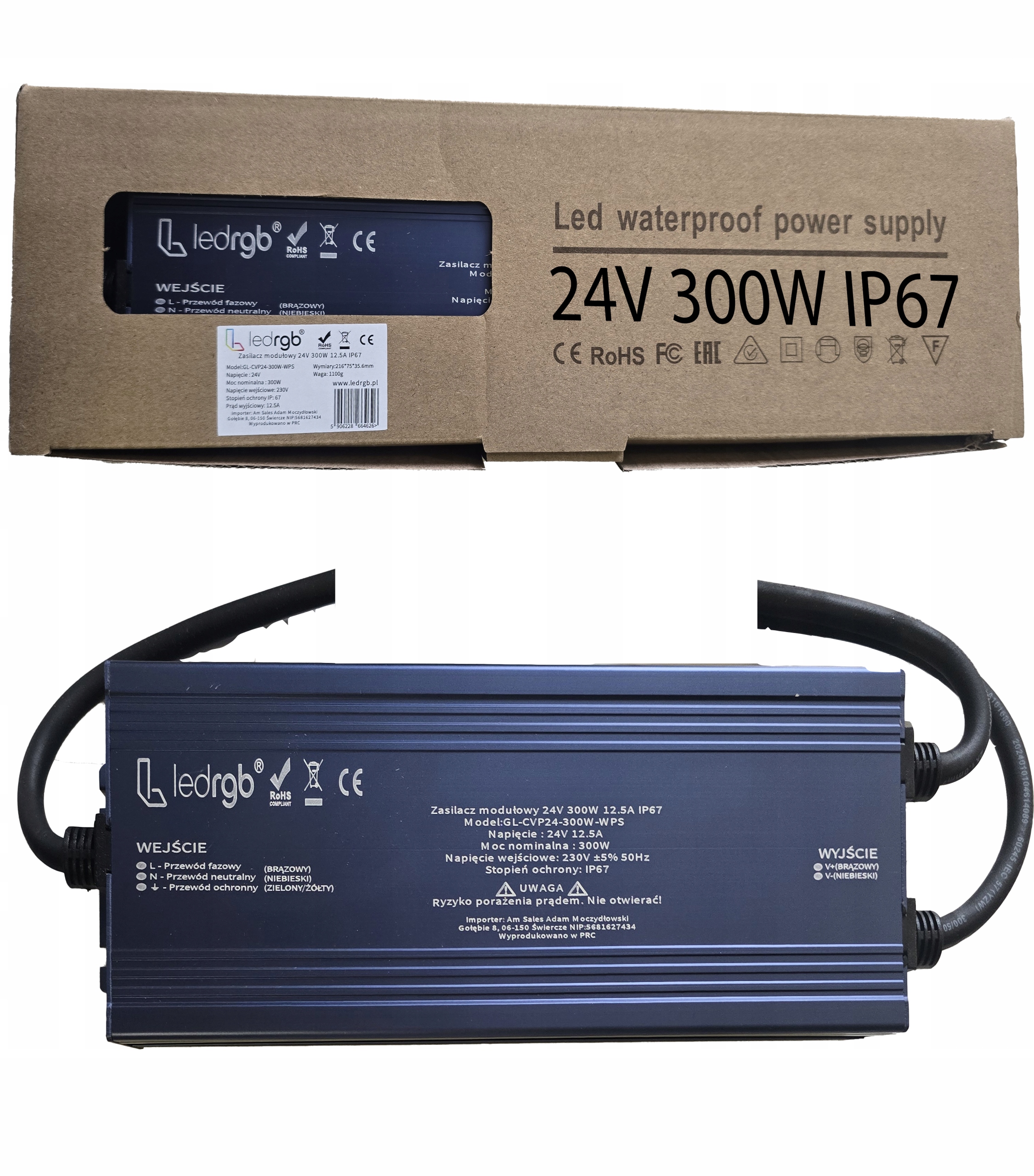 Montážní napájecí zdroj 24V 12.5A 300W Premium pro Led modulární, Voděodolný, Ip 67