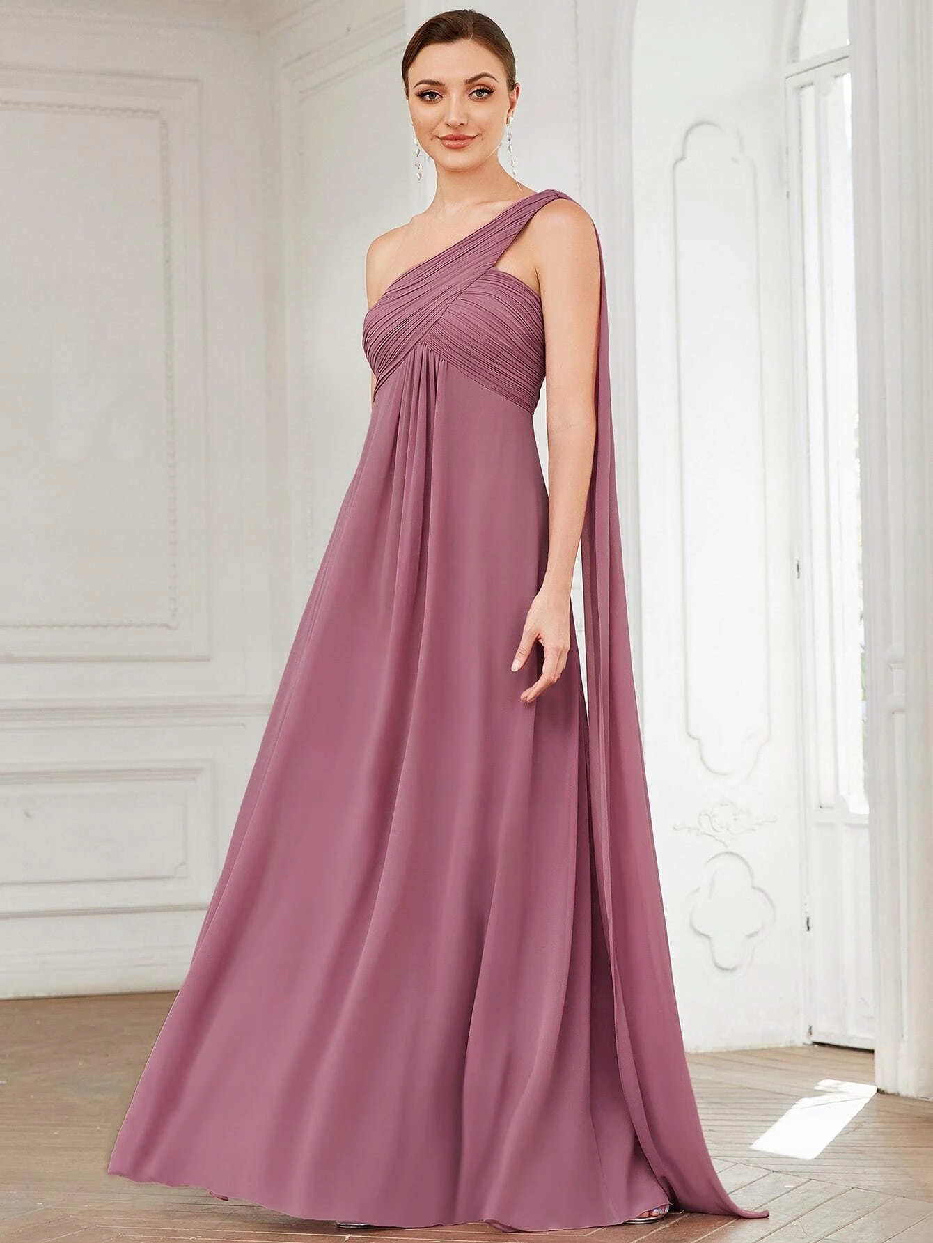 Šaty šifonová s drapovaným výstřihem dusty pink 40