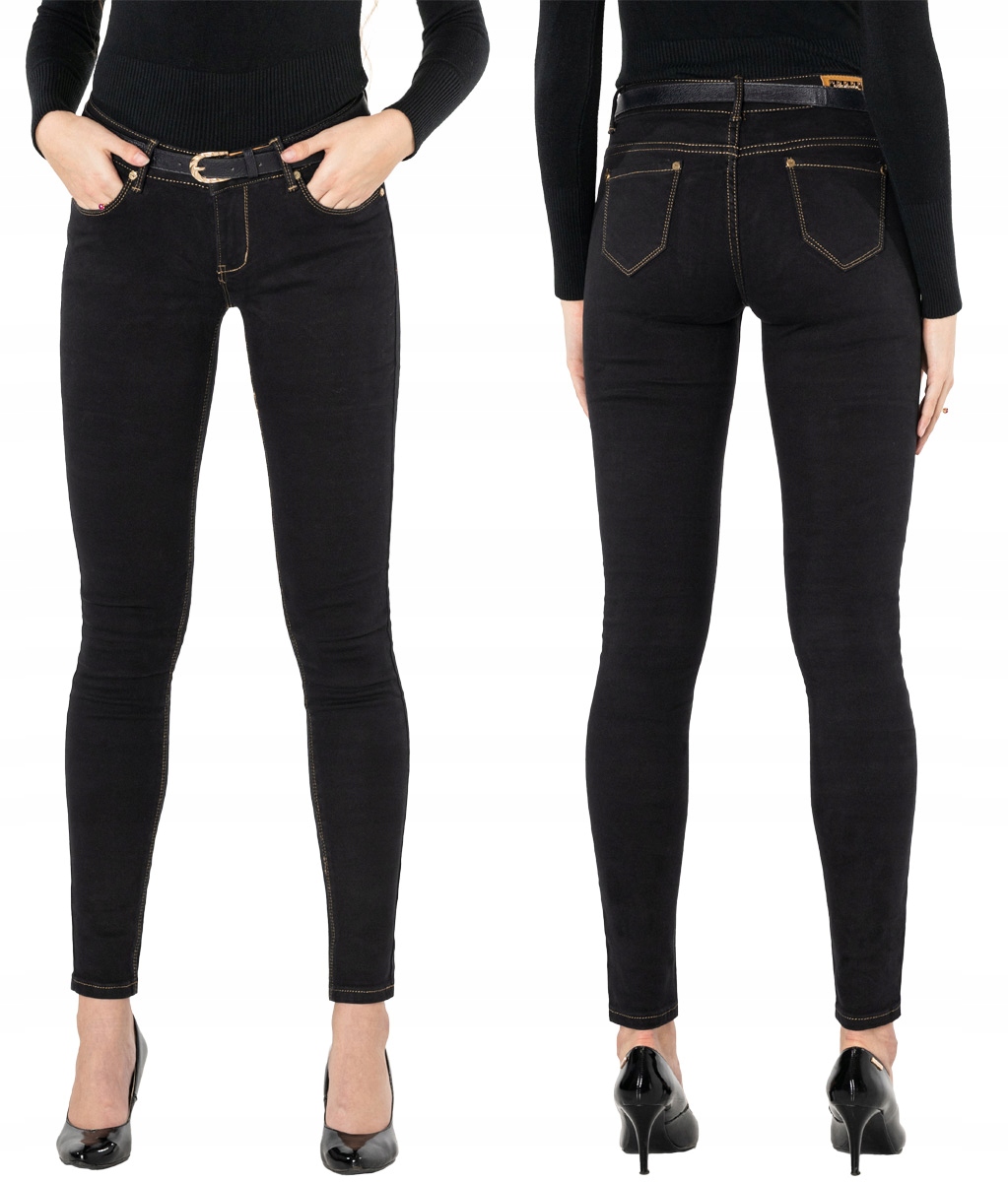 

Czarne Spodnie Jeansy Rurki Damskie Pasek 80961 28