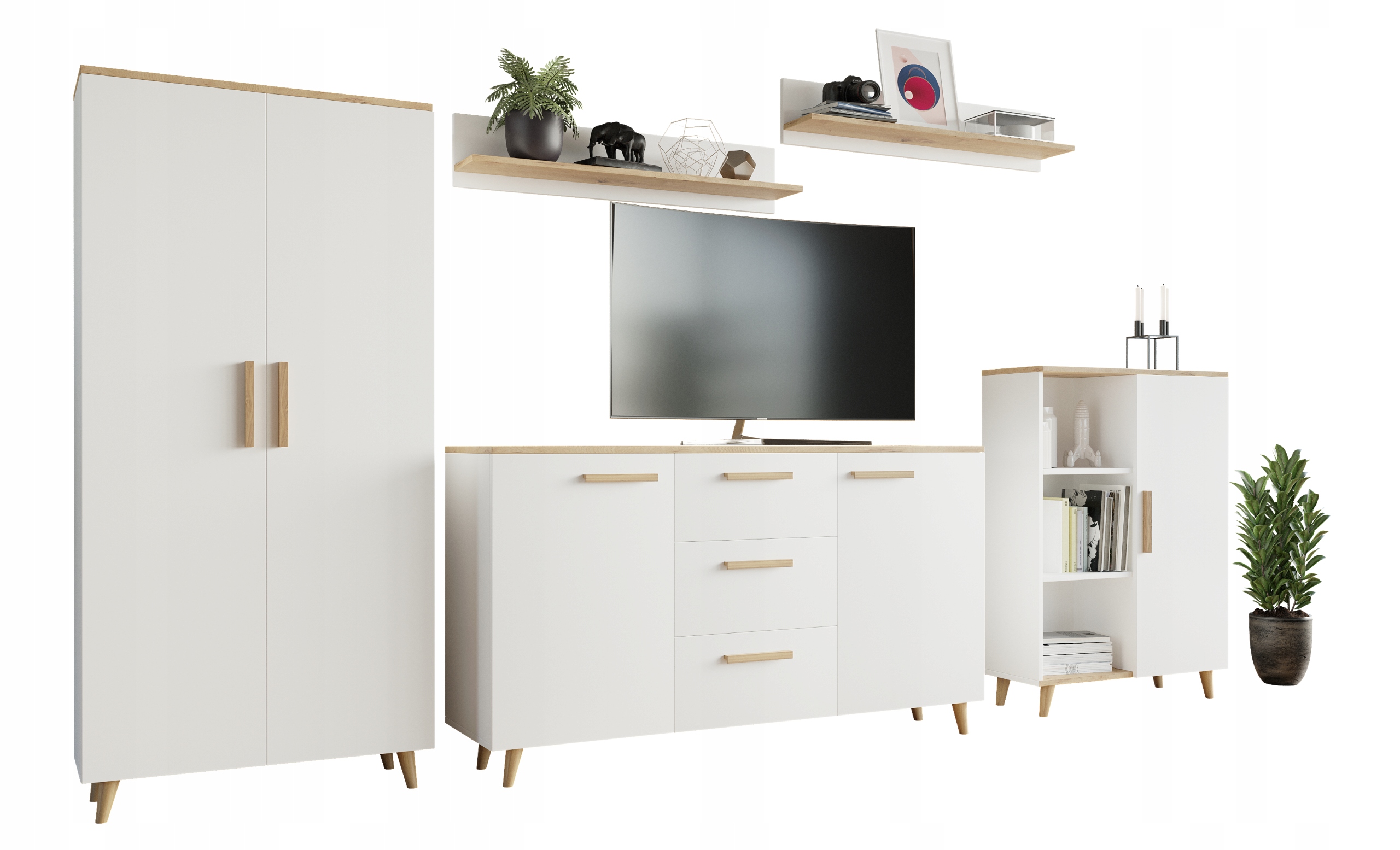 Obývacia Stena Malmo artisan-biela škandinávska komoda regál skriňa polička Rtv