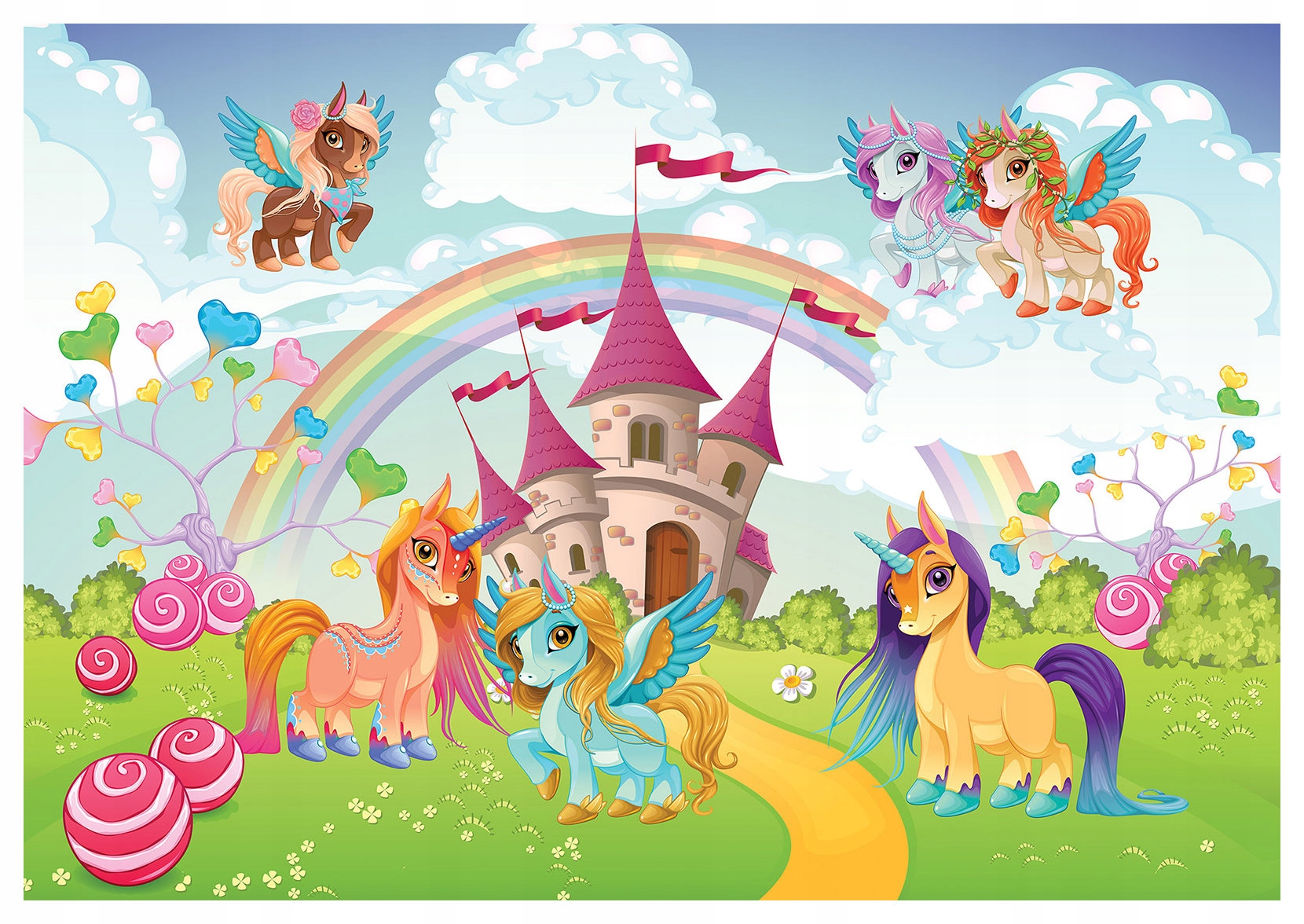 Fototapeta Zámek Jednorožci Duha Radost do dětského pokoje 200x140 lepidlo