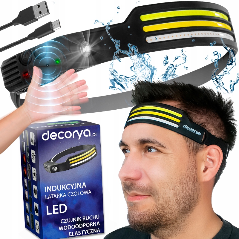 Akumulatorowa Latarka Czołowa Led Czołówka Wodoszczelna Czujnik Ruchu Usb-c