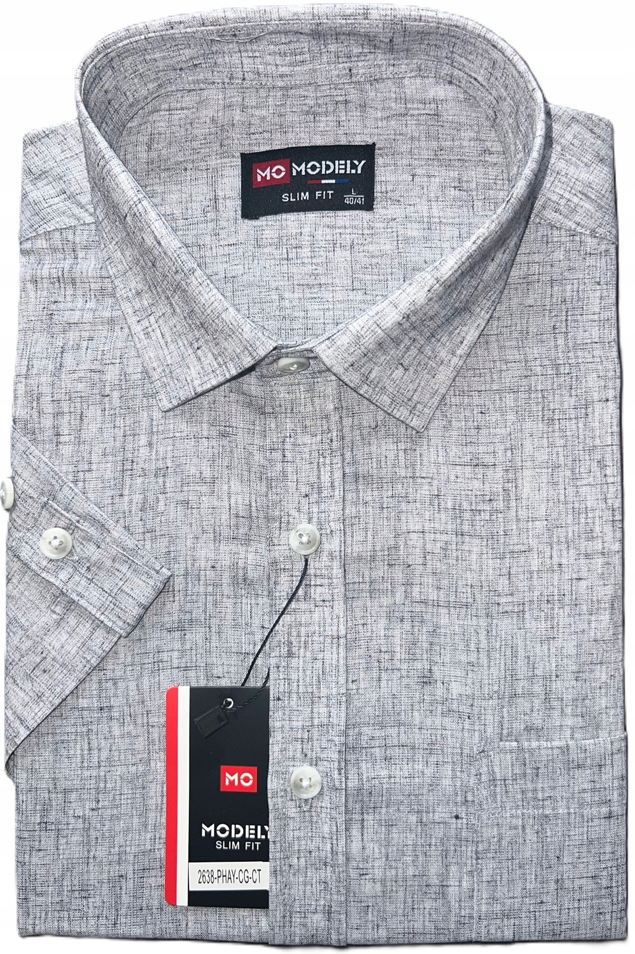 Pánská košile Modely 2638 Popiel efekt lnu SlimFit XL 42/43 Krátký rukáv