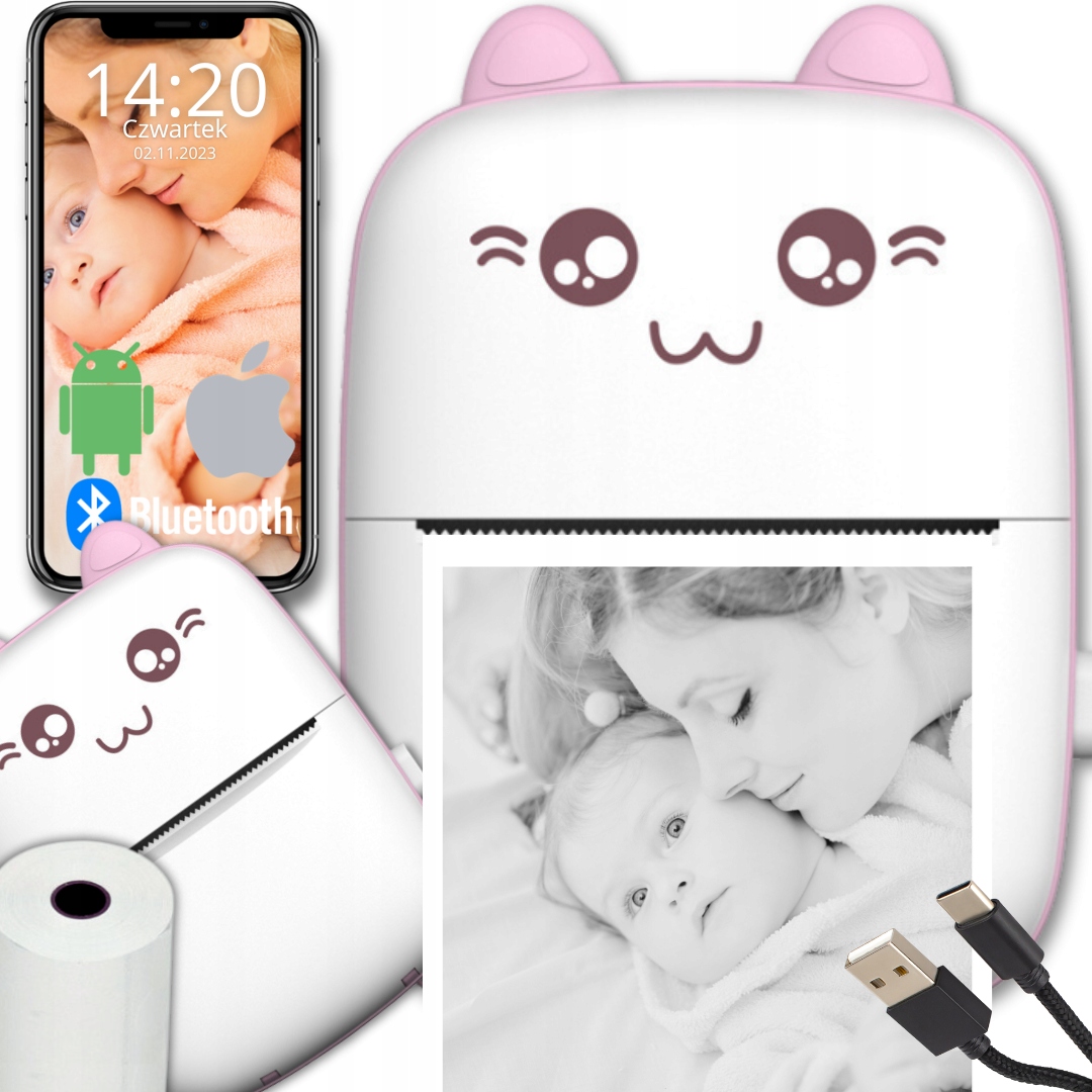 DRUKUŚ MINI DRUKARKA ETYKIET TERMICZNA PRZENOŚNA ROLKA NIESKOŃCZONY TUSZ R
