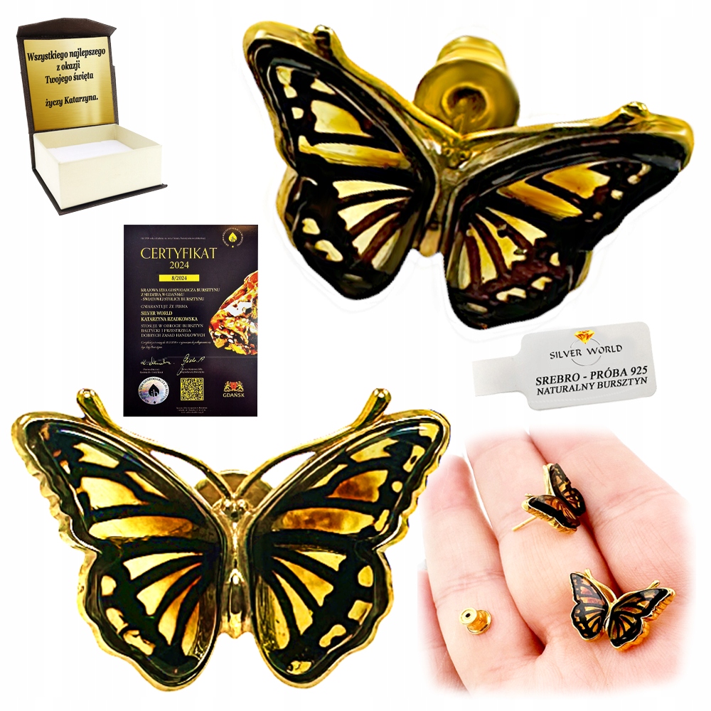 Stříbrné Náušnice Zlacené S Jantarem, Vyřezávané Uměleckými Motýly Gravírování