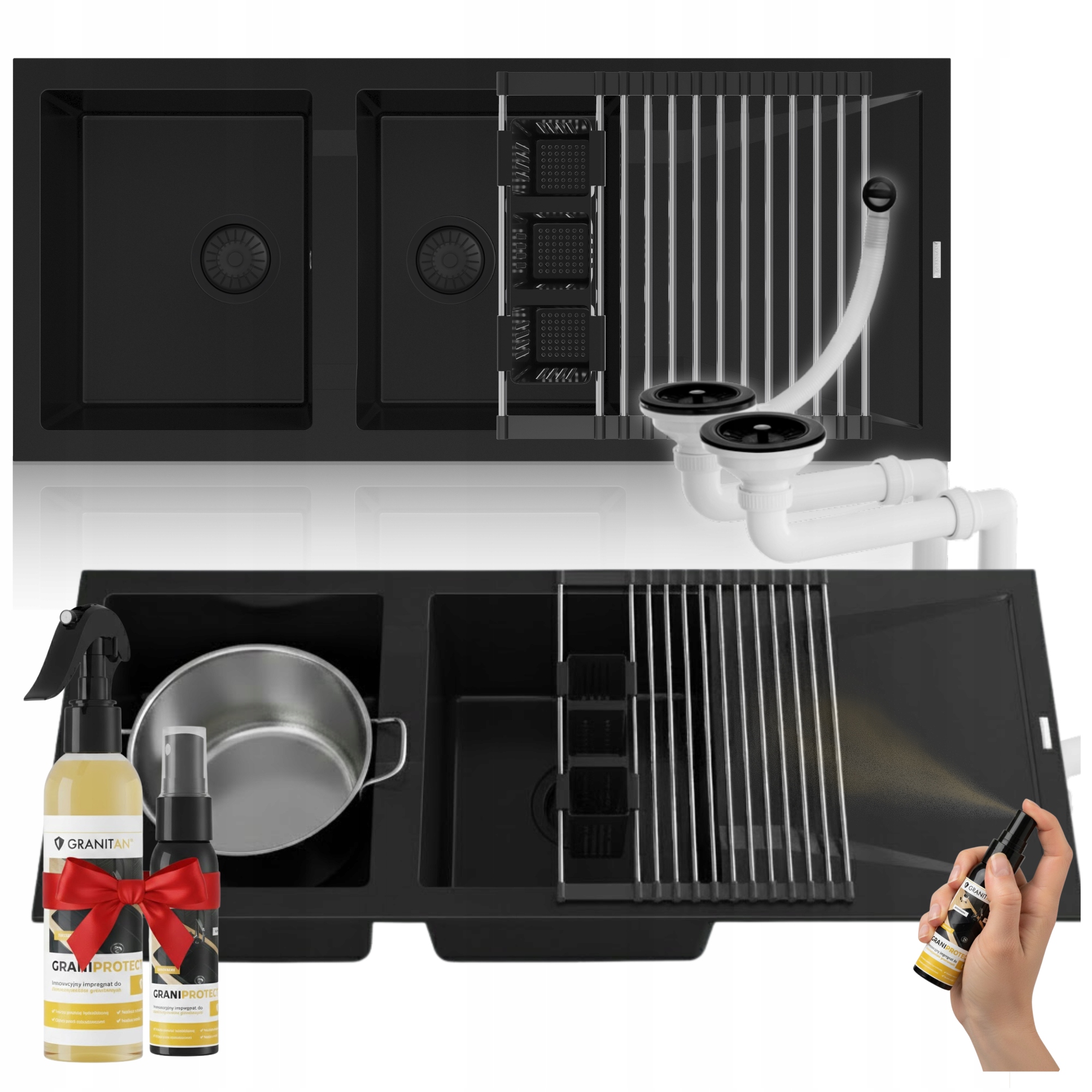 Granitový dřez Primo Dřez černý 2-komorový Set s odkapávačem