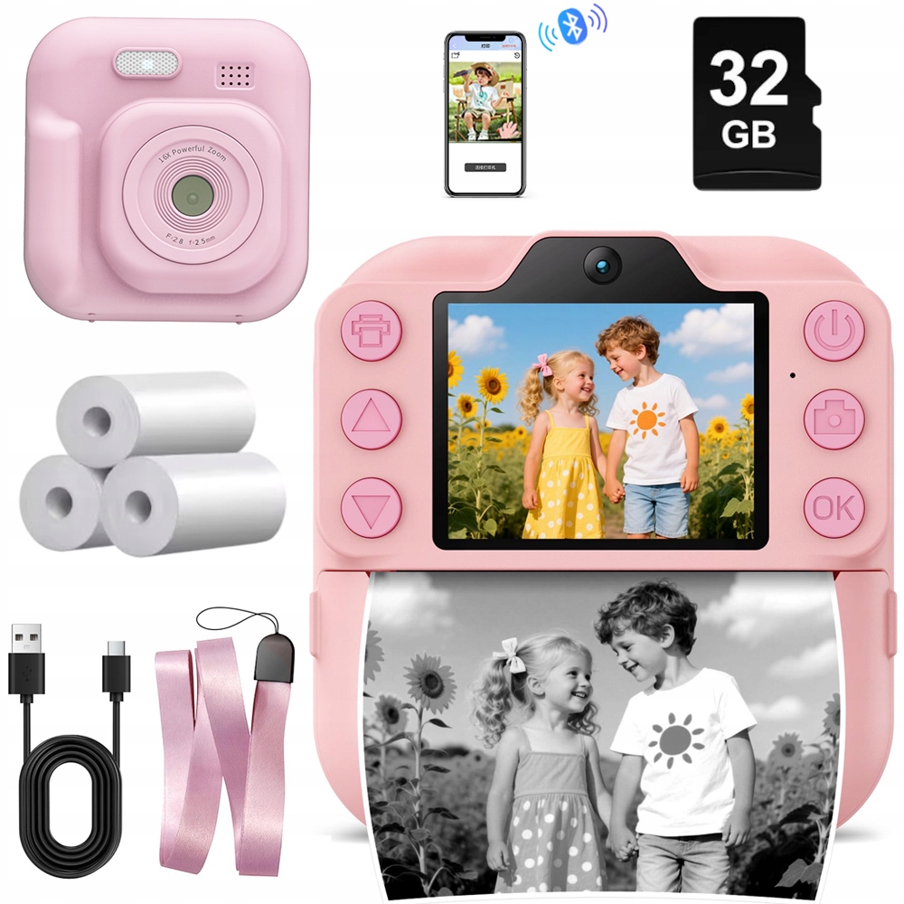 Mini Instantní Fotoaparát, Tiskárna Fotografií Pro Děti, Růžová 3 Rolky