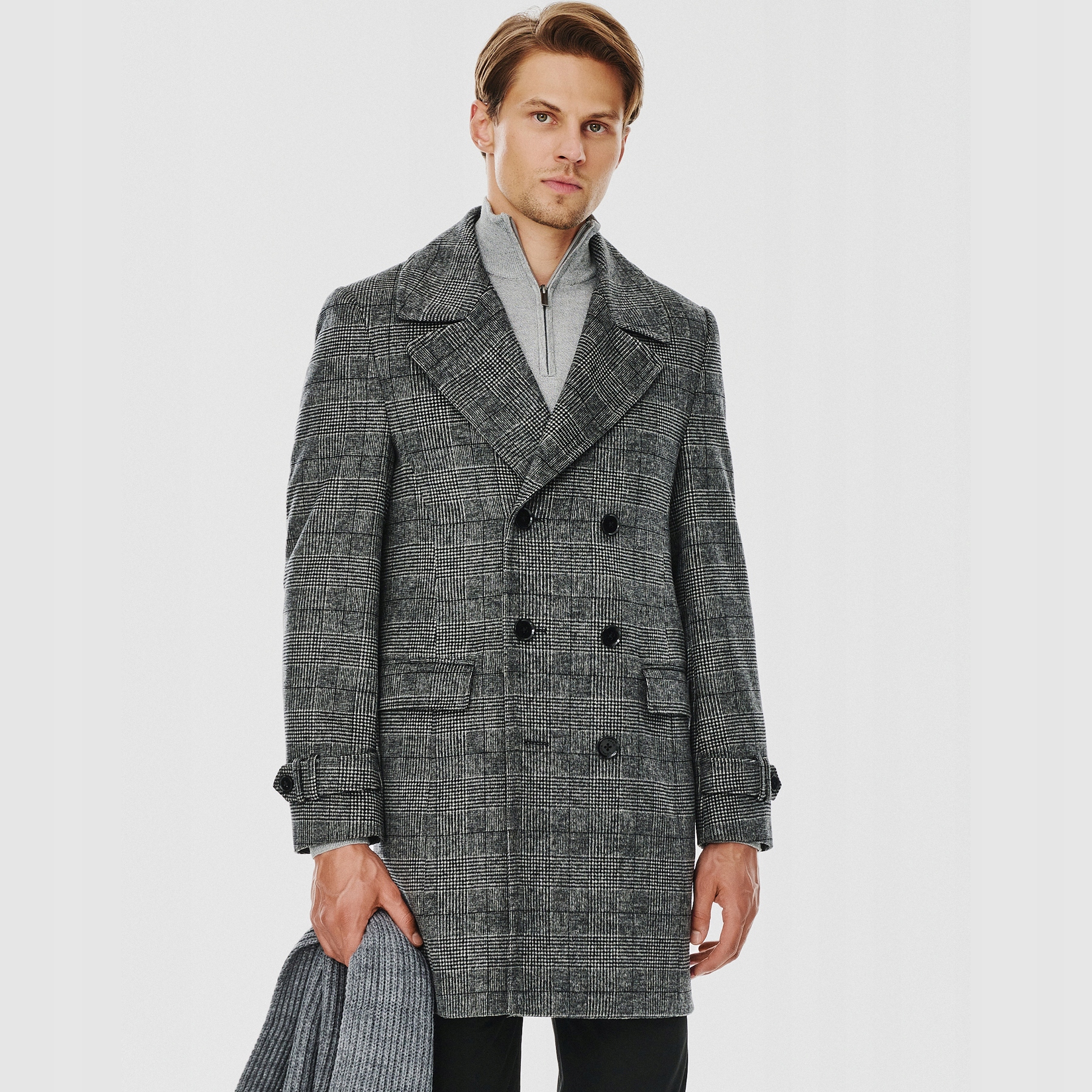 Šedý dvouřadý pánský kostkovaný kabát Pako Lorente vel