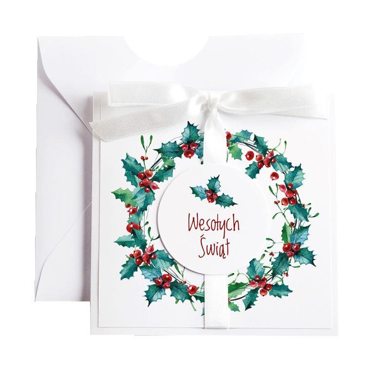 Kartka świąteczna biała ostrokrzew na święta