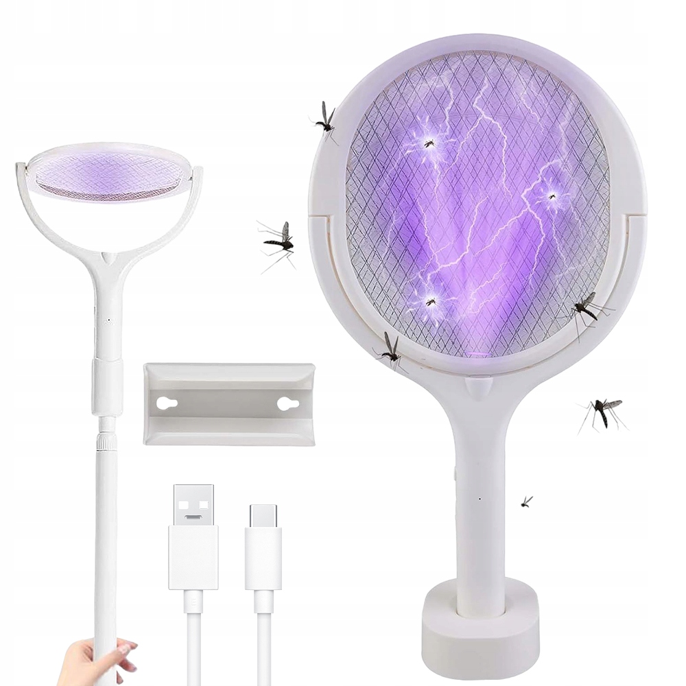 Elektryczna Packa Na Muchy Z Wysuwanym Trzonkiem 43-70 CM Usb-c 3500V Biała