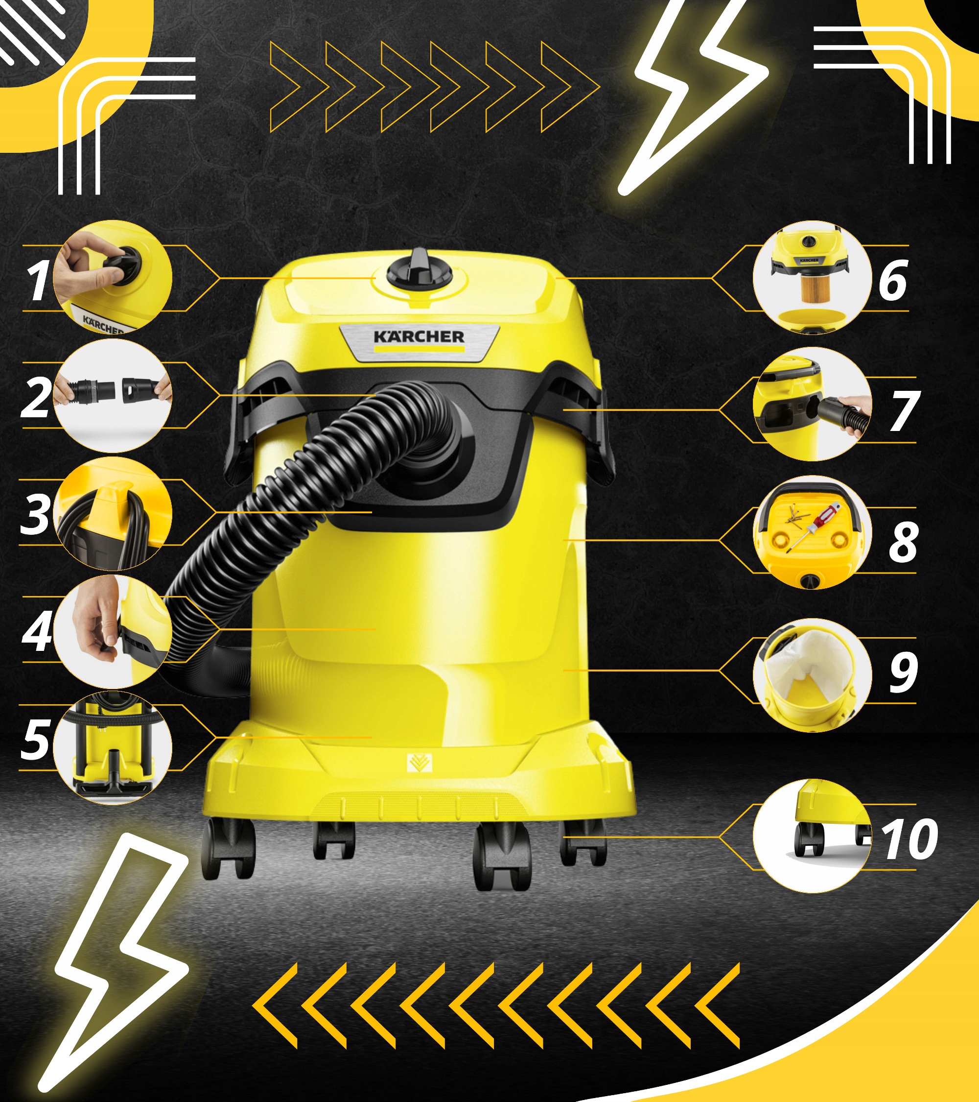 MOCNY ODKURZACZ KARCHER WD3 BEZWORKOWY PRZEMYSŁOWY BUDOWLANY ZESTAW XXL Seria WD3