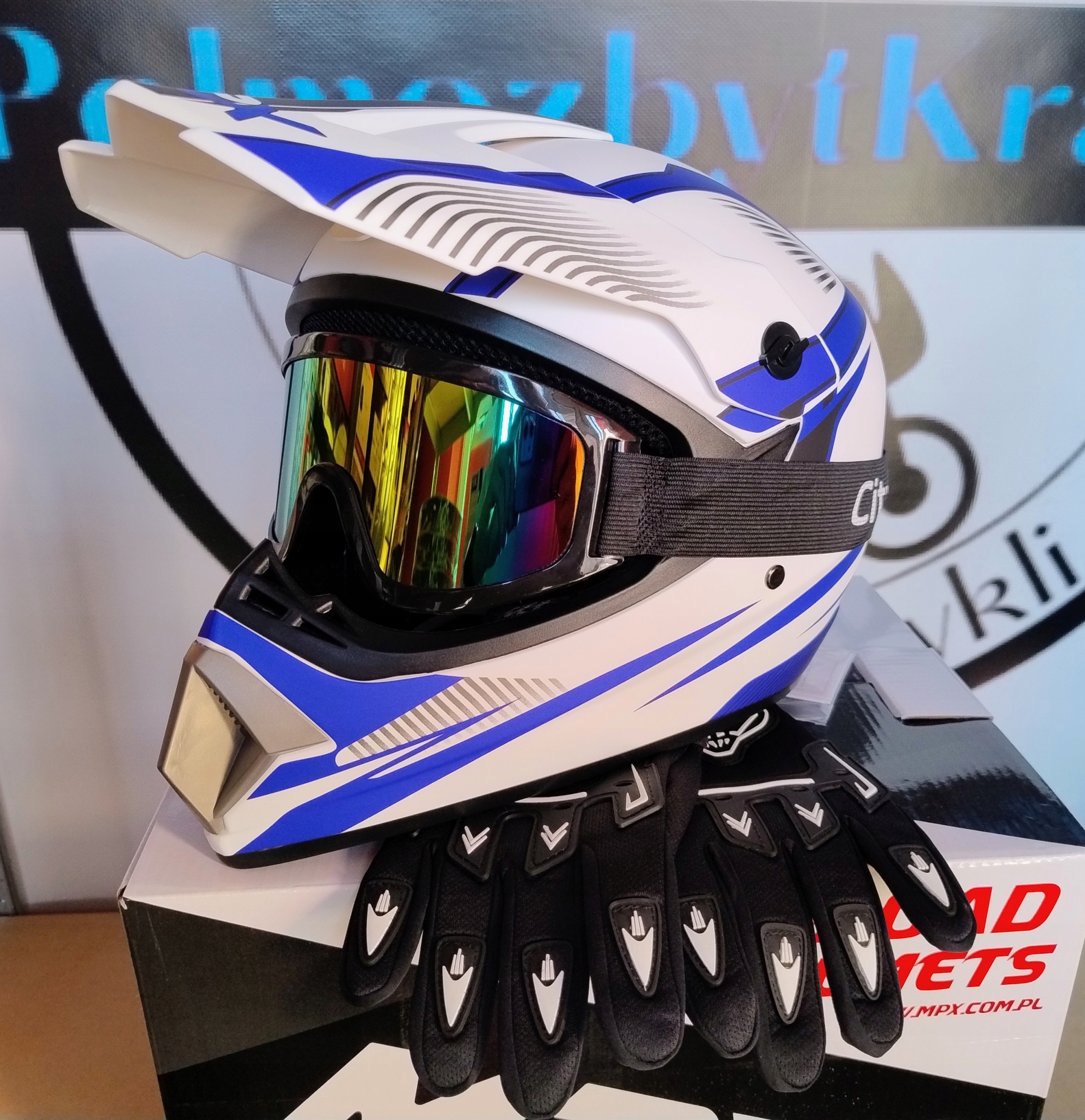 Prilba Sada Okuliare Rukavice Enduro Cross Štvorkolka Atv Bmx Kolobežka Biela Matná XL