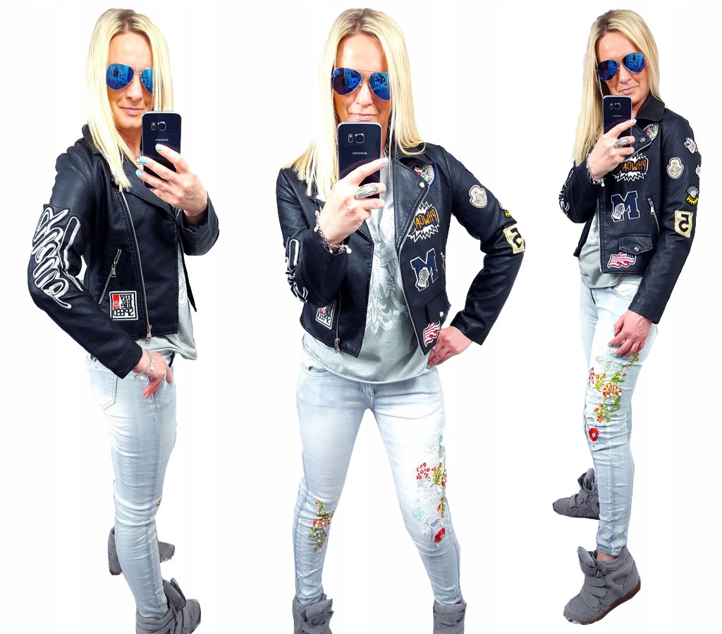 

Kurtka Skóra Ramoneska Moto Biker Haft Naszywki M
