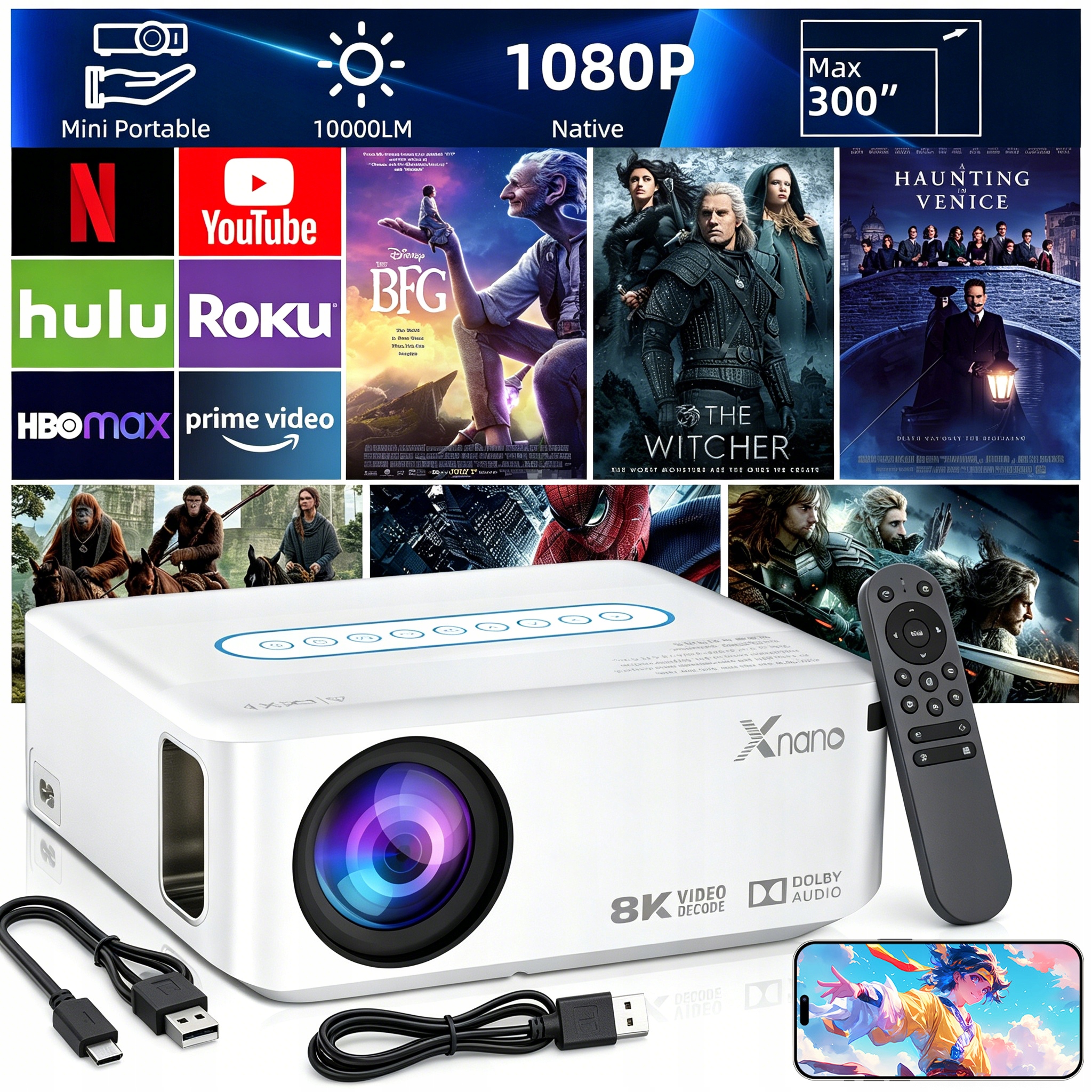 INTELIGENTNY PROJEKTOR DOMOWY 1080P KOREKTA TRAPEZOWA HDR GŁOŚNIK STEREO