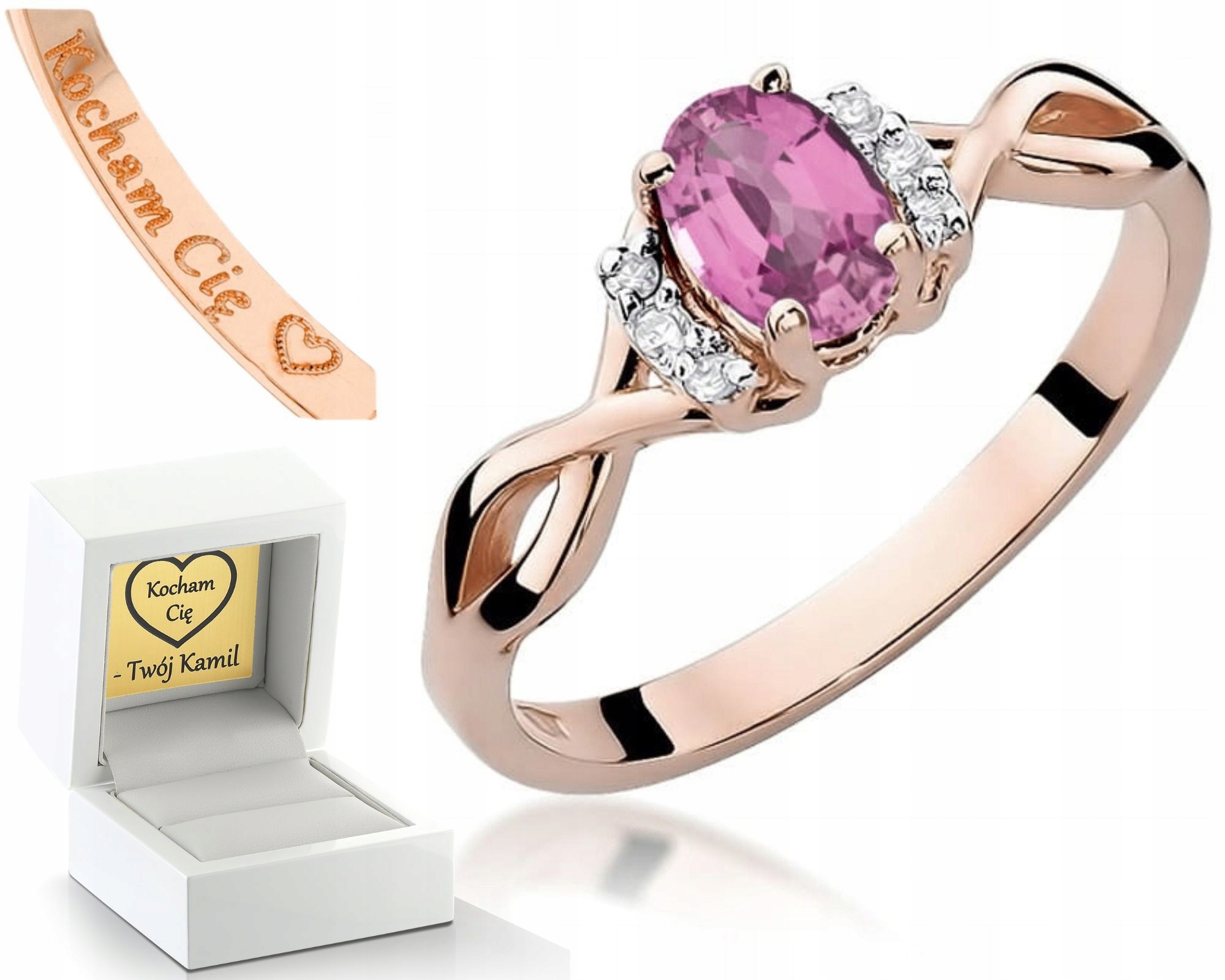 Zásnubní Prstýnek S Růžovými Safíry, Diamanty, Růžové Zlato 585, Gravírování