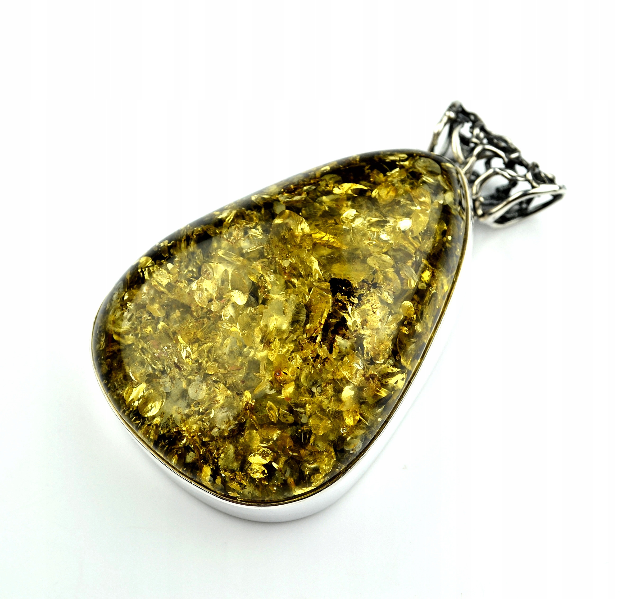 Velký Zelený Přívěsek Baltský Jantar Stříbro