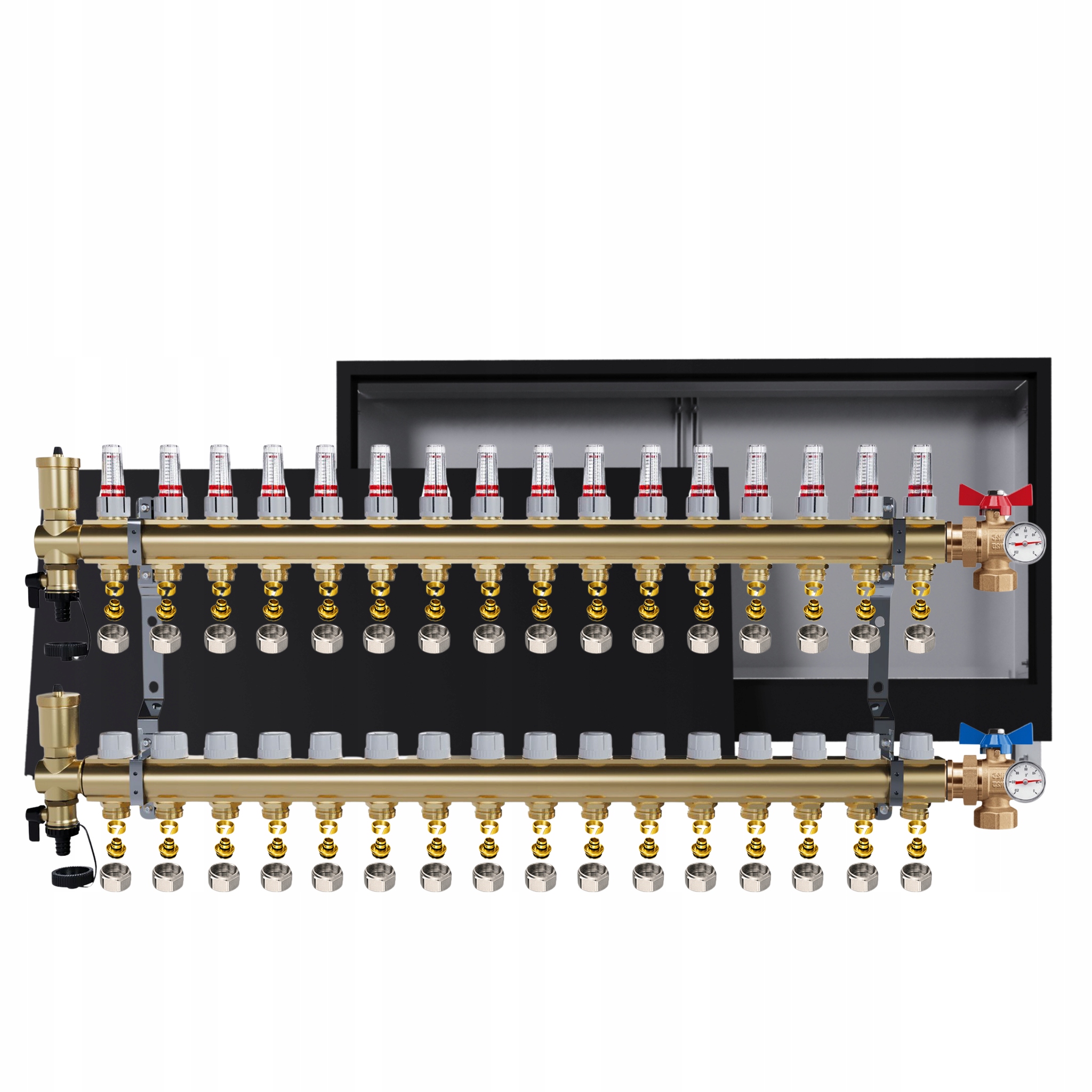 Rozdeľovač podlahy 16 obvodov uhlové ventily teplomery skrinka Pex