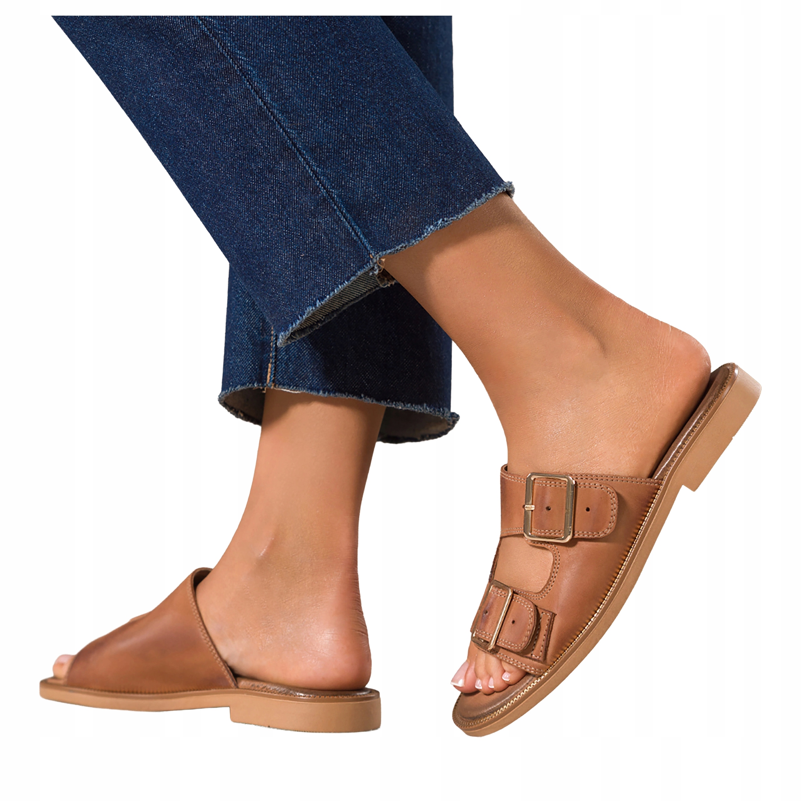 Hnědé Nazouváky Dámské pásky s přezkami Ozdobná podrážka Kožená velikost 41