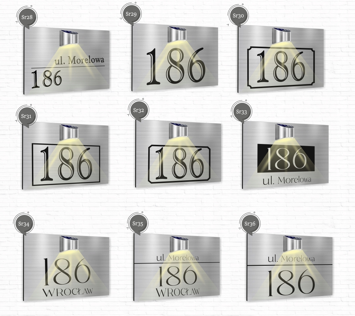 duża TABLICZKA ADRESOWA nierdzewna srebrna numer domu 30x20 lampka solarna Szerokość produktu 30 cm