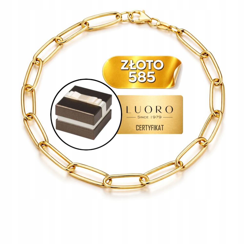 Náramek Zlatý 585 14K Dlouhé Široké Oválné Články 19 CM Elegantní