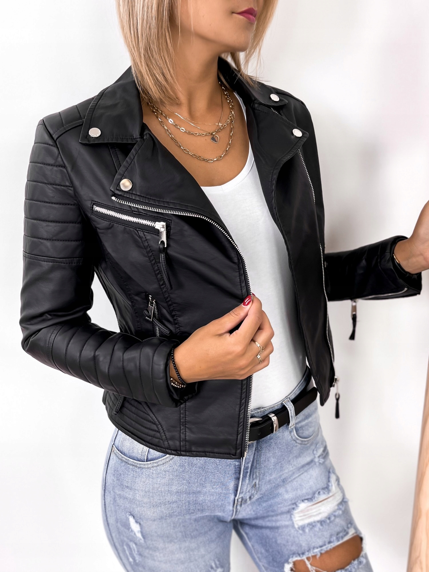 DAMSKA KURTKA SKÓRZANA ZARKA RAMONESKA MATOWA BIKER ZAMKI S Rozmiar S