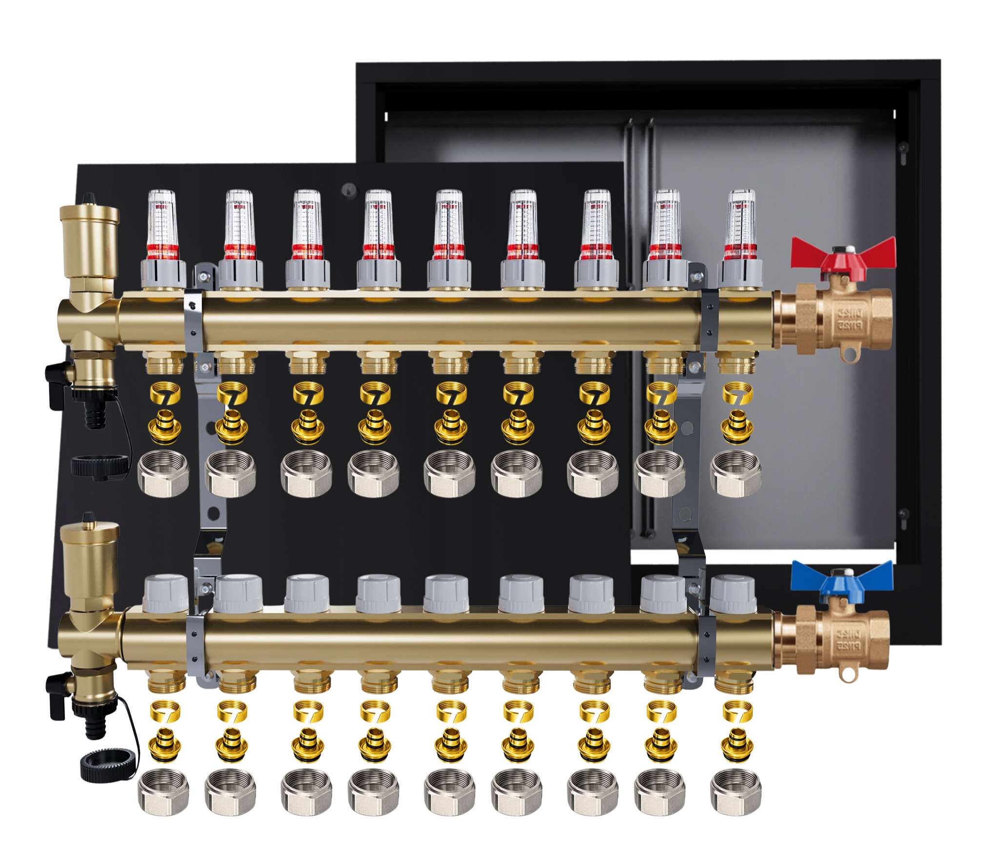 Rozdělovač mosazný Podlahovky 9 okruhů Krabice Přímý ventil Pex