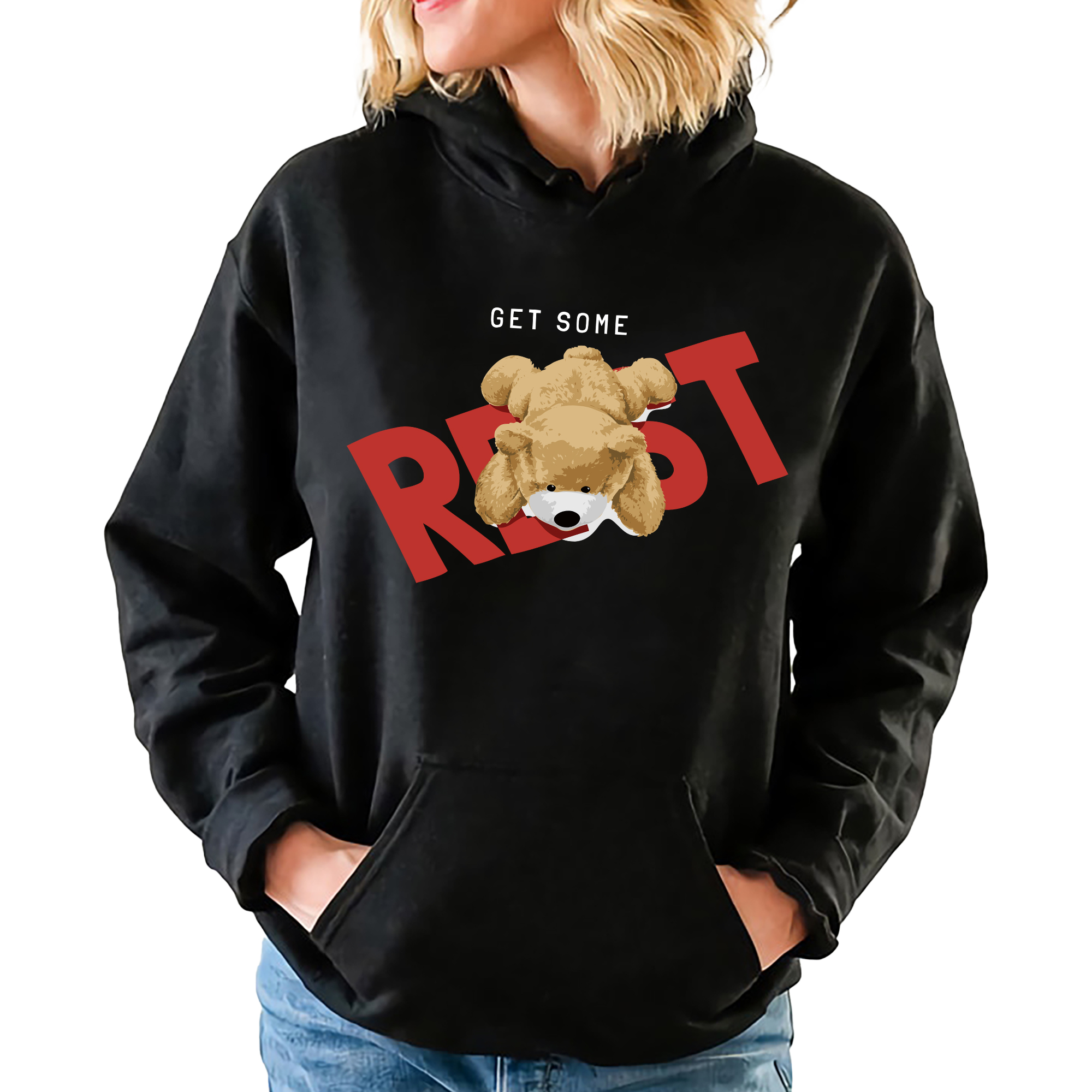 Pohodlná Mikina Černá Teddy Medvídek Vzory XL