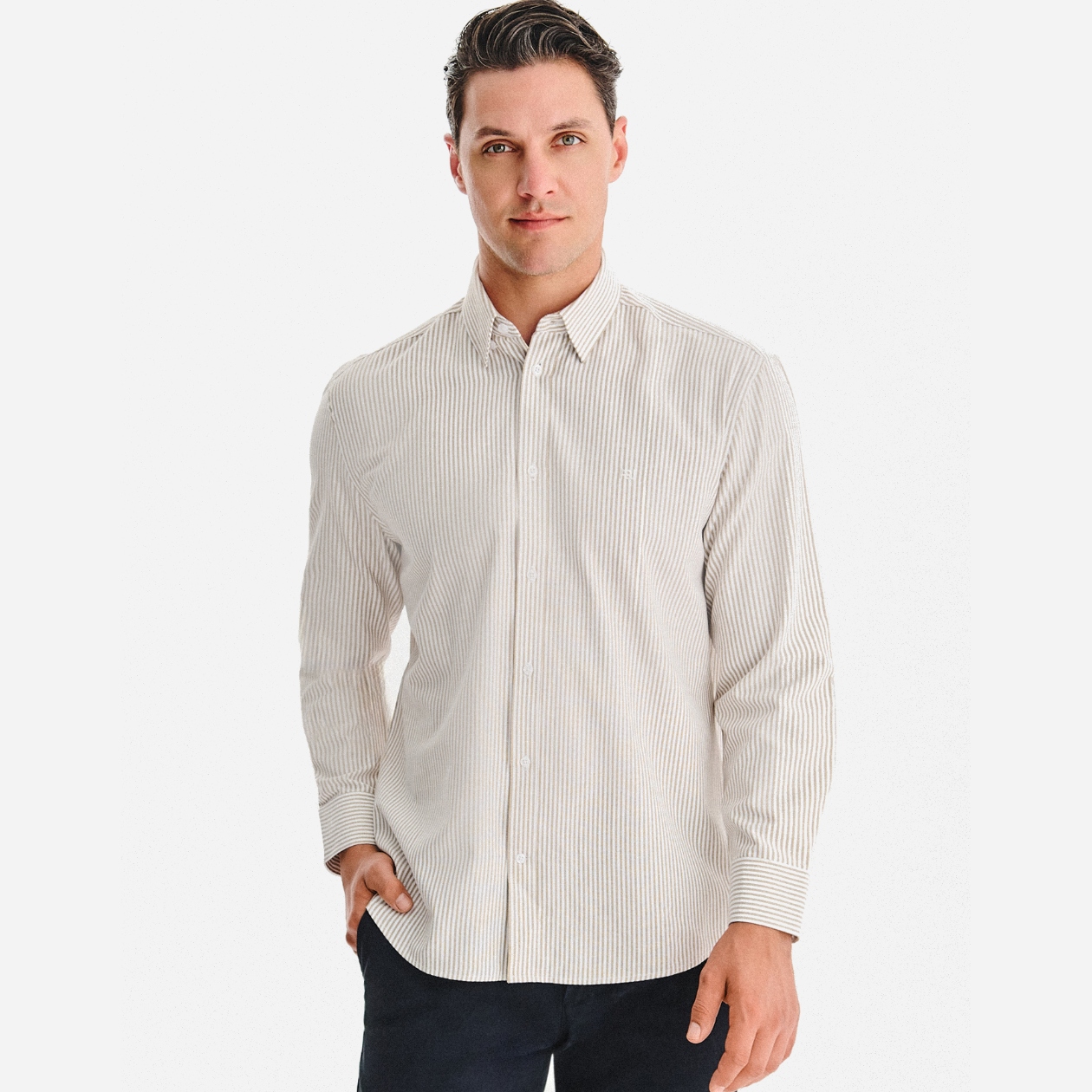 Béžová pánská košile ve vzoru bílých pruhů Regular Pako Lorente vel M