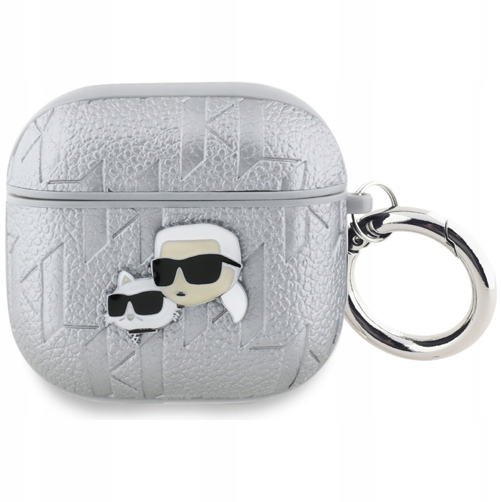 Pouzdro Karl Lagerfeld Monogram Karl & Choupette Head pro AirPods 4 stříbrné
