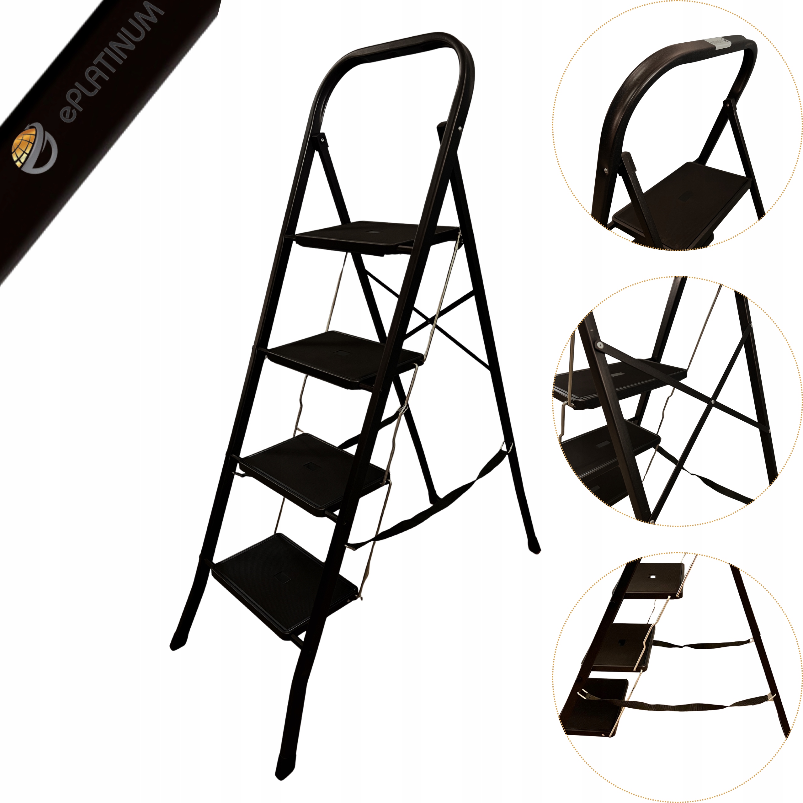 Žebřík Loftový Lehký Skládací Černý Žebřík 4 Stupně Ocelový 150 kg