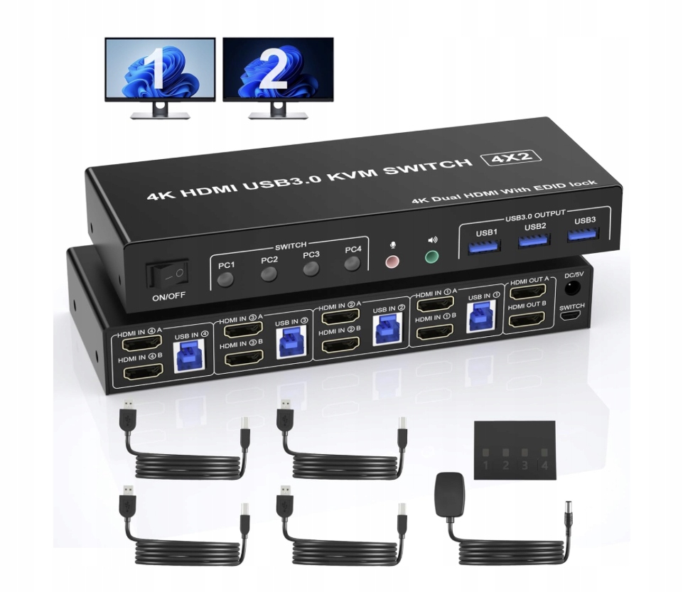 Přepínač Kvm Switch Dp Hdmi 4K 60Hz 4 počítače 2 monitory Usb 3.0